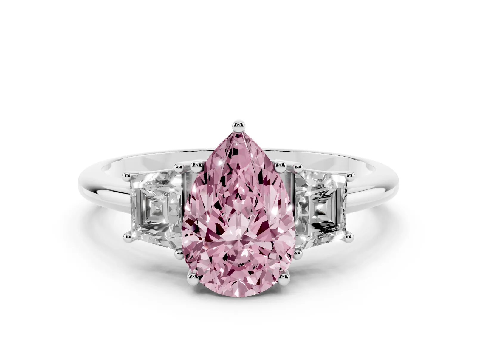 Fancy Pink Pear Cut Diamond Three-Stone Ring with Trapezoid Side Stones and Prong Setting Platinum