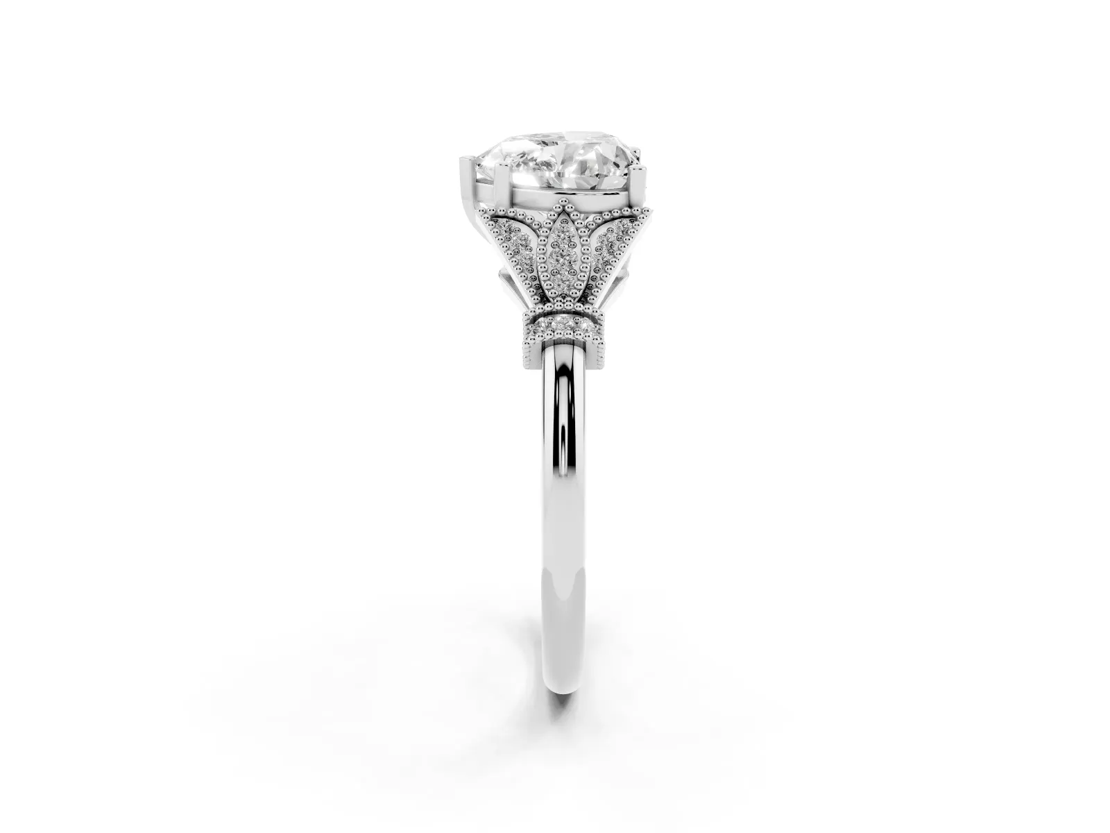Heart Cut Diamond Solitaire Ring with Floral Filigree and Pave Accents Platinum
