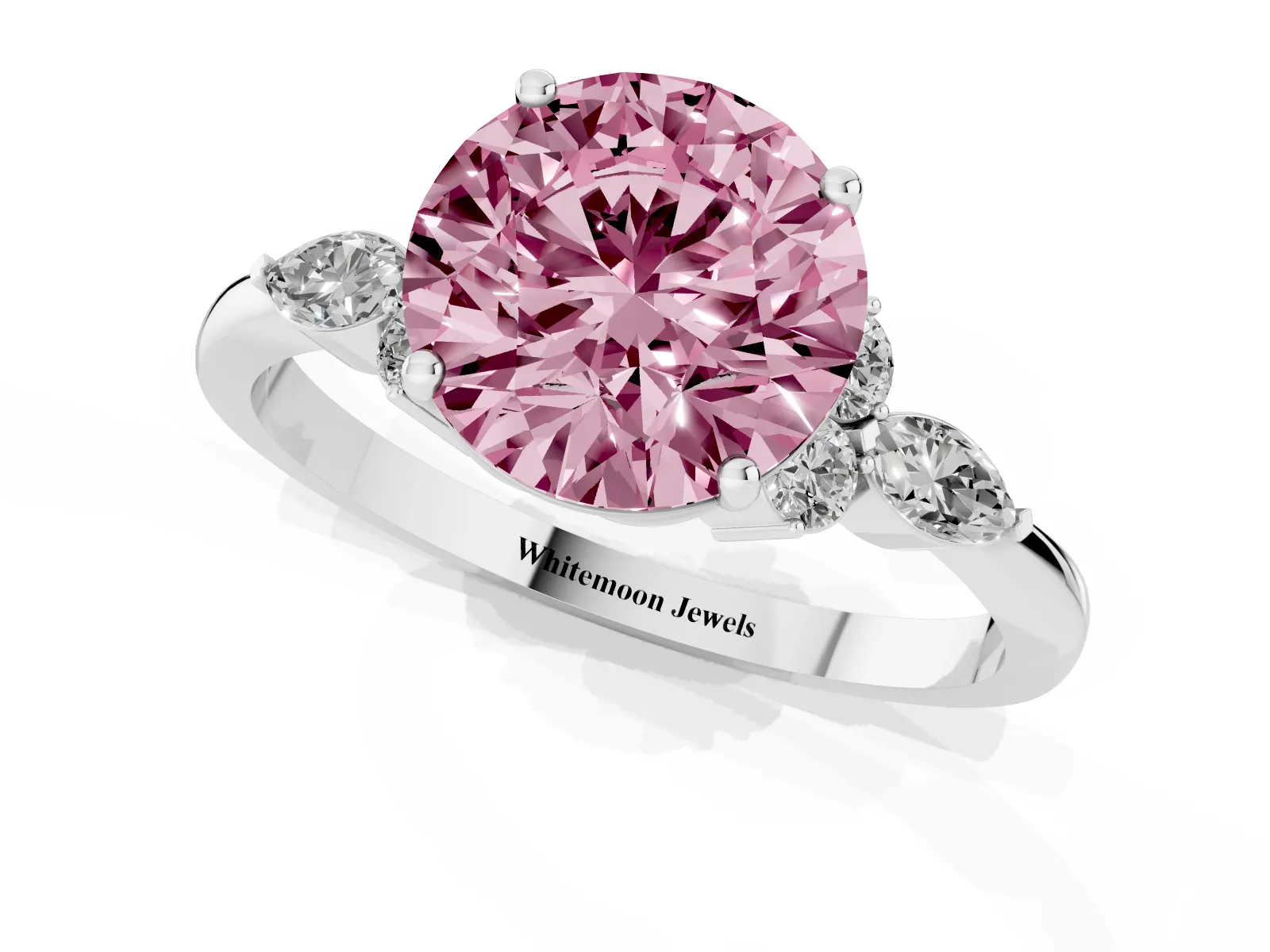 Fancy Pink Round Cut Brilliant Diamond Solitaire Ring with Pear Side Stones and Four-Prong Setting Platinum