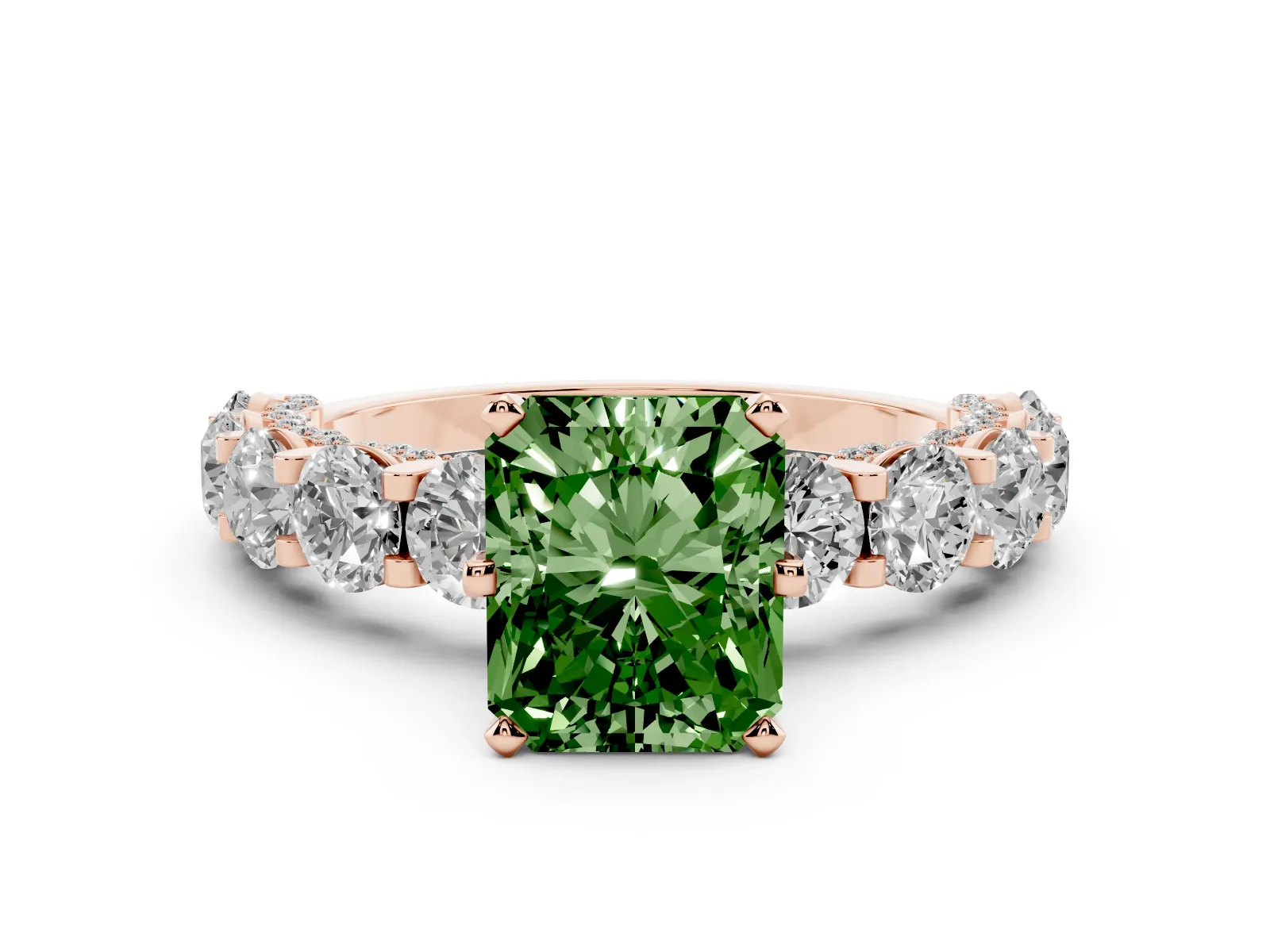 Fancy Green Radiant Cut Diamond Side Stone Engagement Ring with Four-Prong Setting Rose gold
