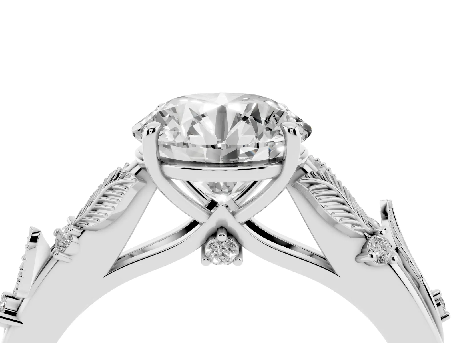 Round Cut Diamond Solitaire Ring with Leaf Motif Band and Four-Prong Setting Platinum