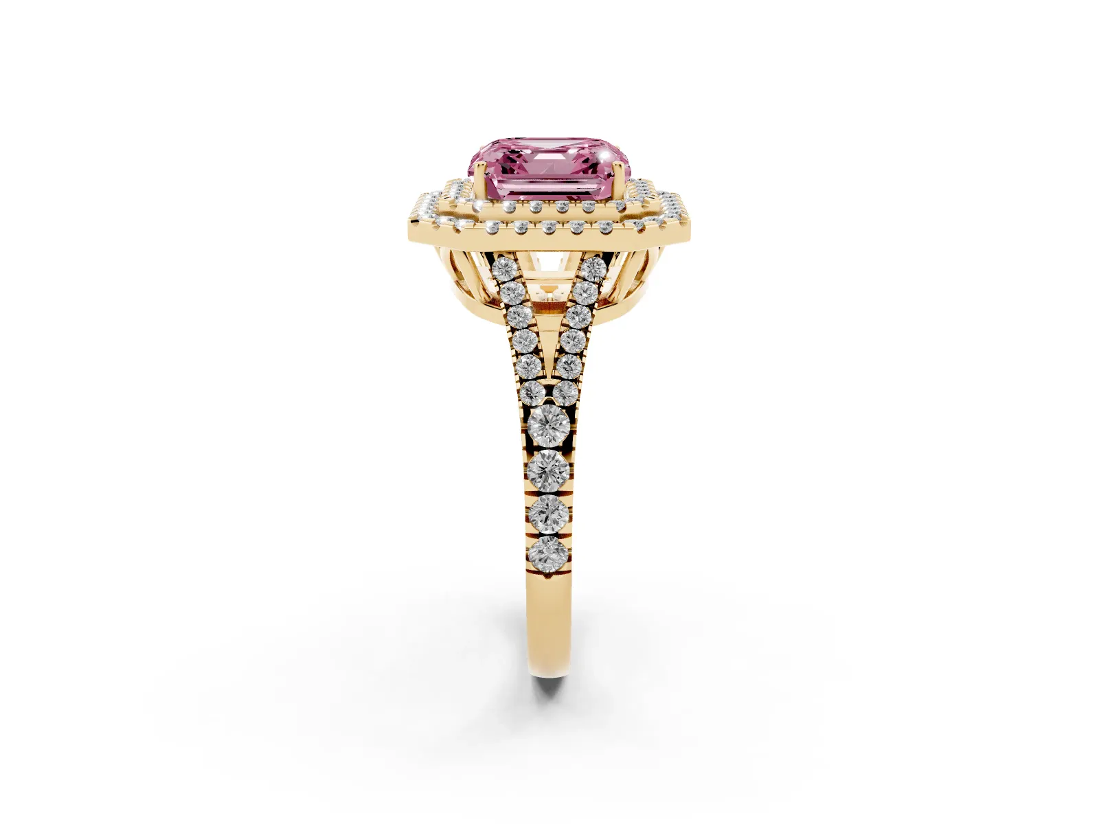 Fancy Pink Asscher Cut Diamond Double Halo Ring with Pavé Band and Prong Setting Yellow gold