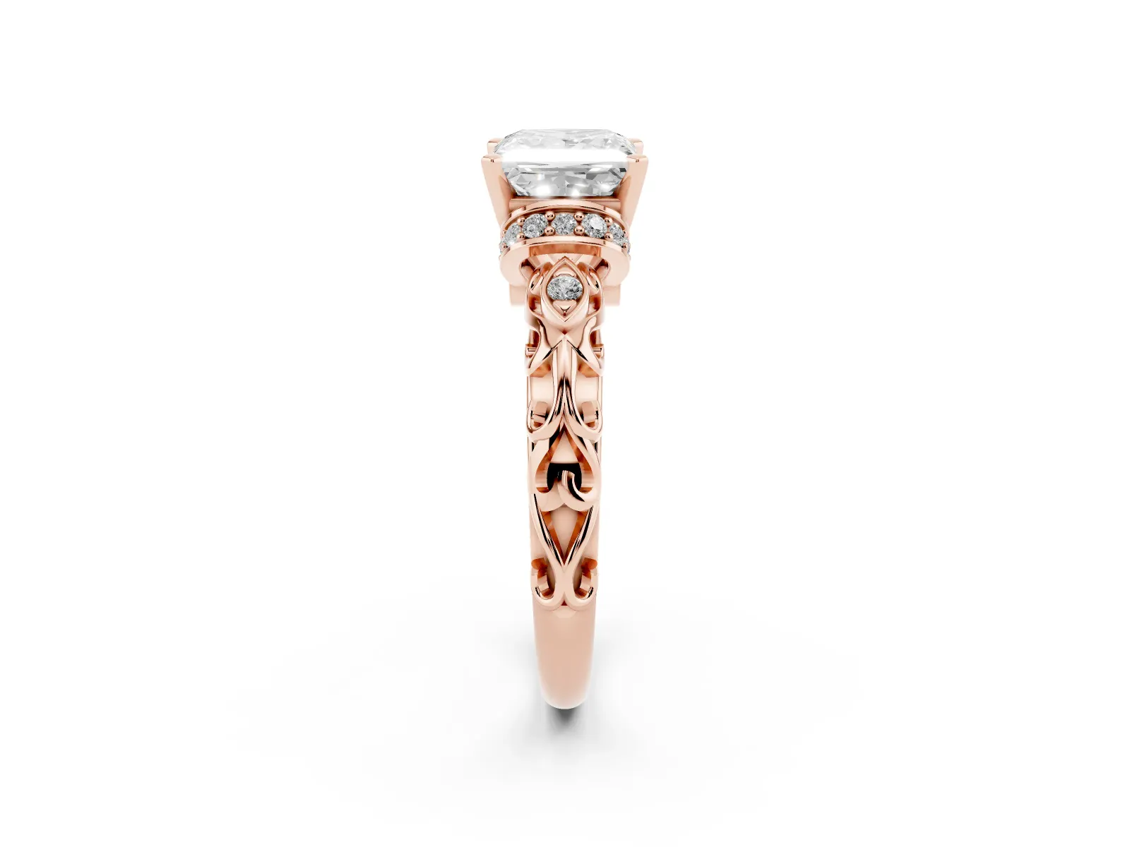 Princess Cut Diamond Solitaire Ring with Filigree Band and Four-Prong Setting Rose gold