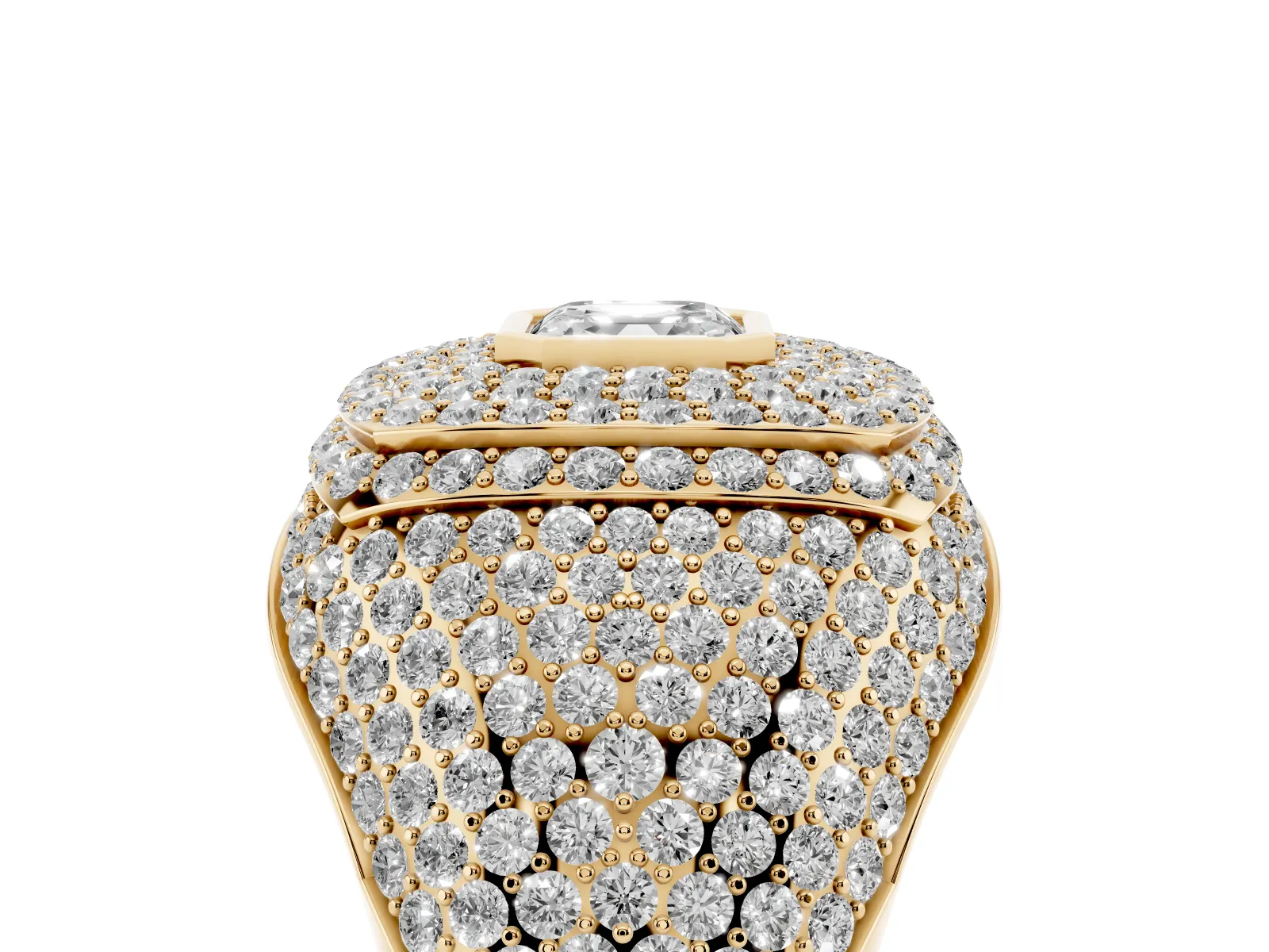 Asscher Cut Diamond Bezel Set Pavé Dome Mens Ring Yellow gold
