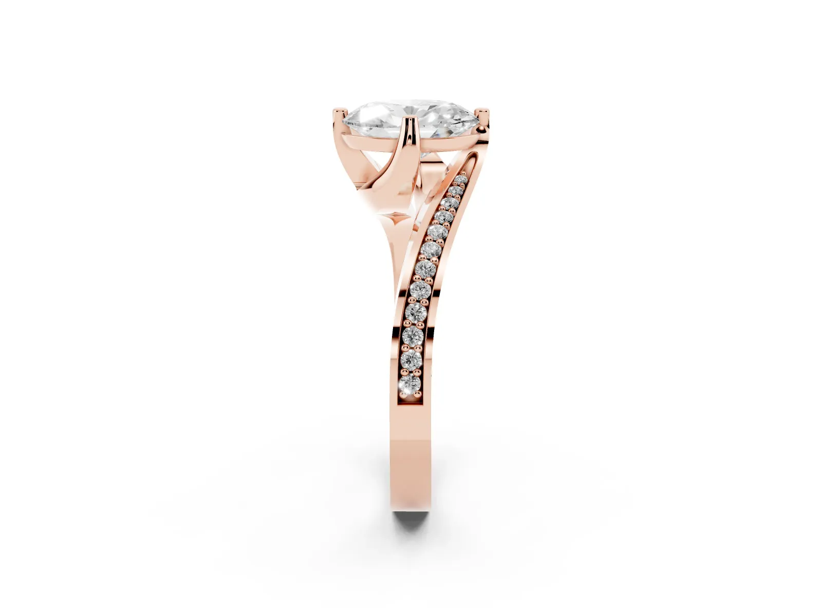 Oval Cut Solitaire Diamond Twist Band with Pavé Setting and Four-Prong Setting Rose gold