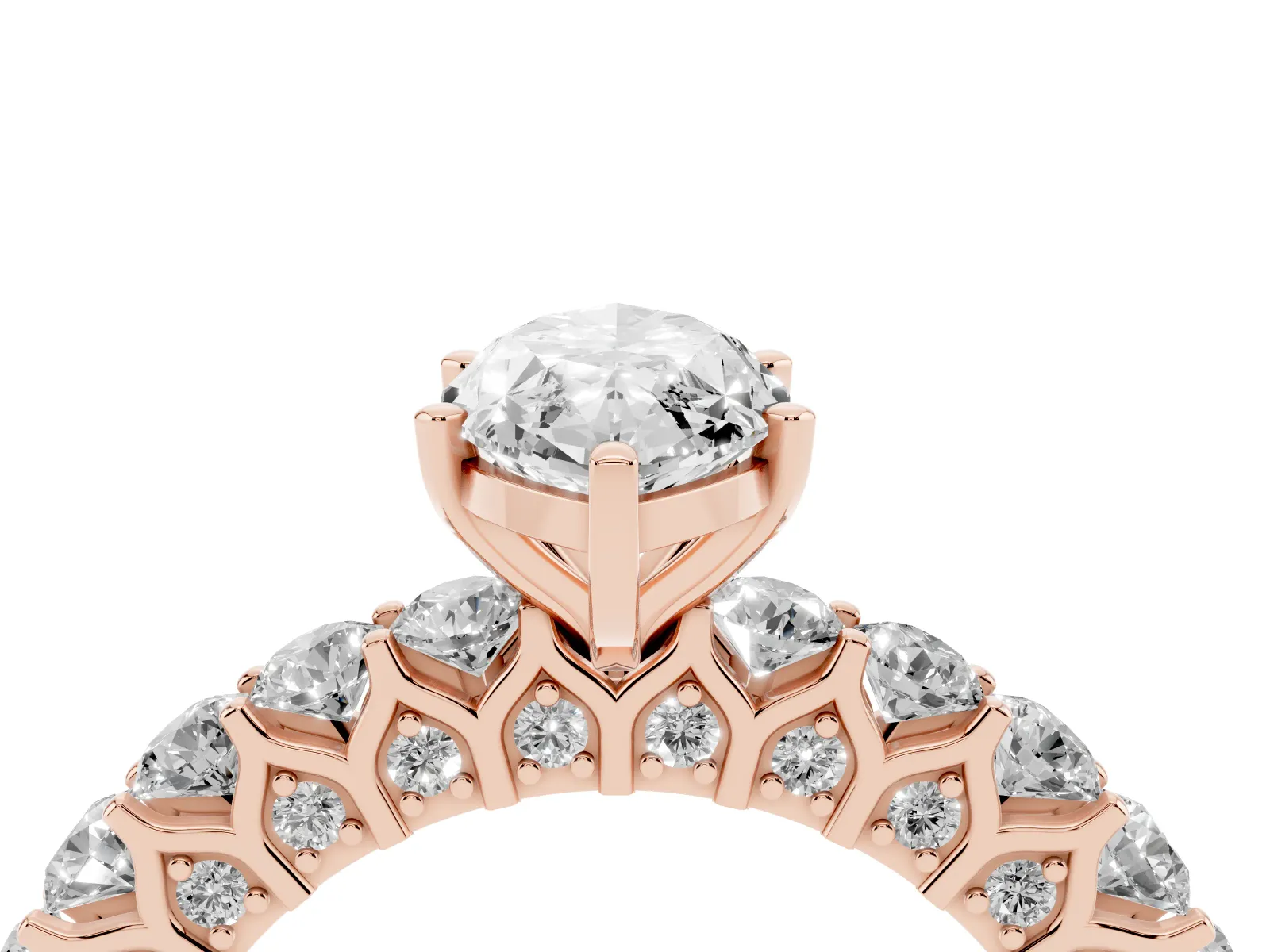 Marquise Cut Diamond Solitaire Ring with Shared Prong Pavé Band and Four-Prong Setting Rose gold