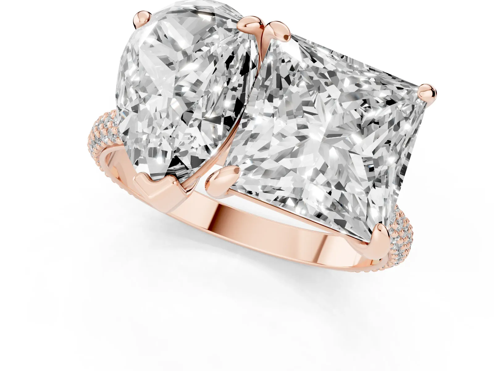 Pear and Princess Toi Moi Ring with Prong Setting and Pave Band Rose gold