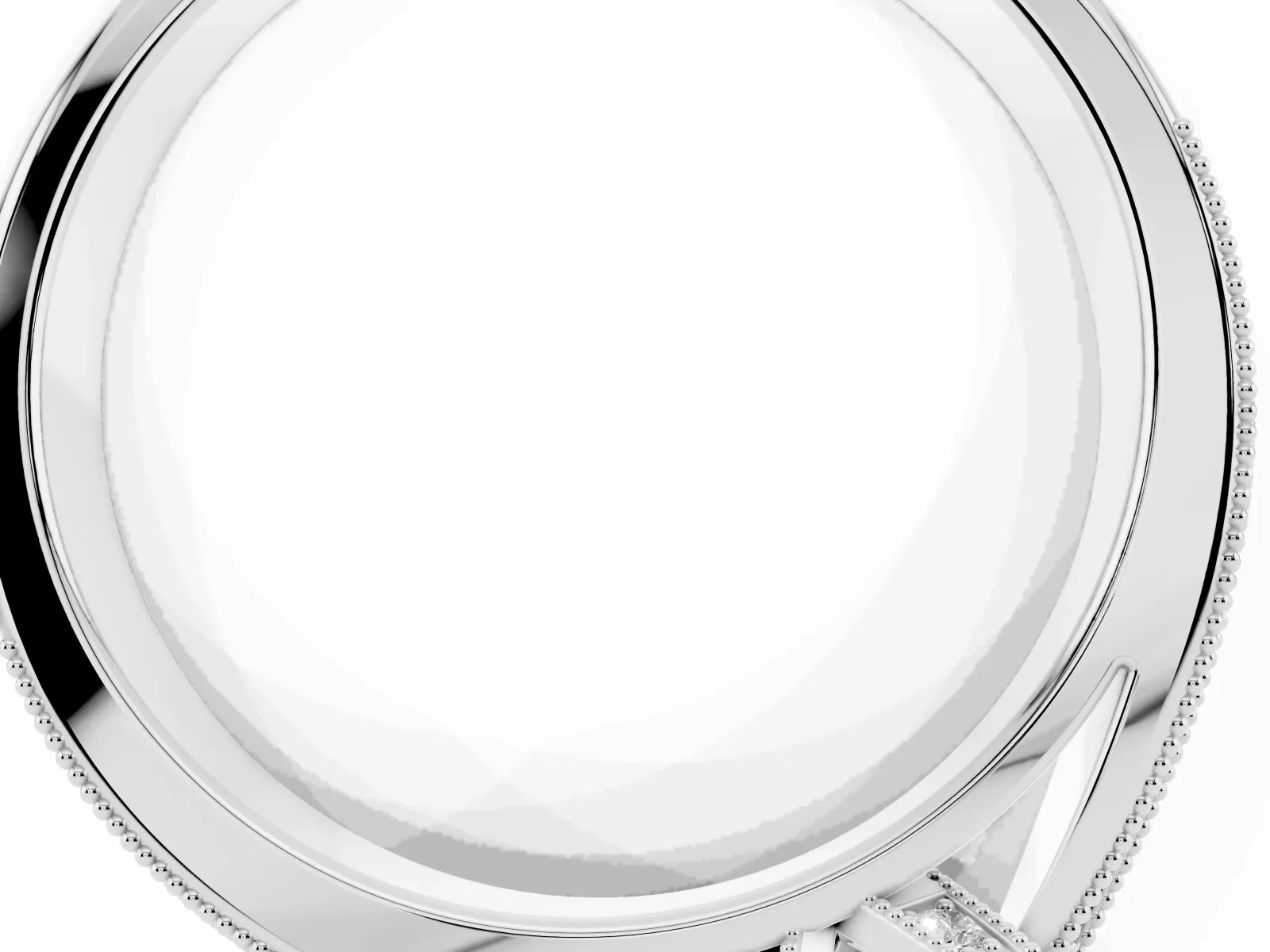 Emerald Cut Diamond Solitaire Ring with Milgrain Round Pavé Band and Prong Setting Platinum
