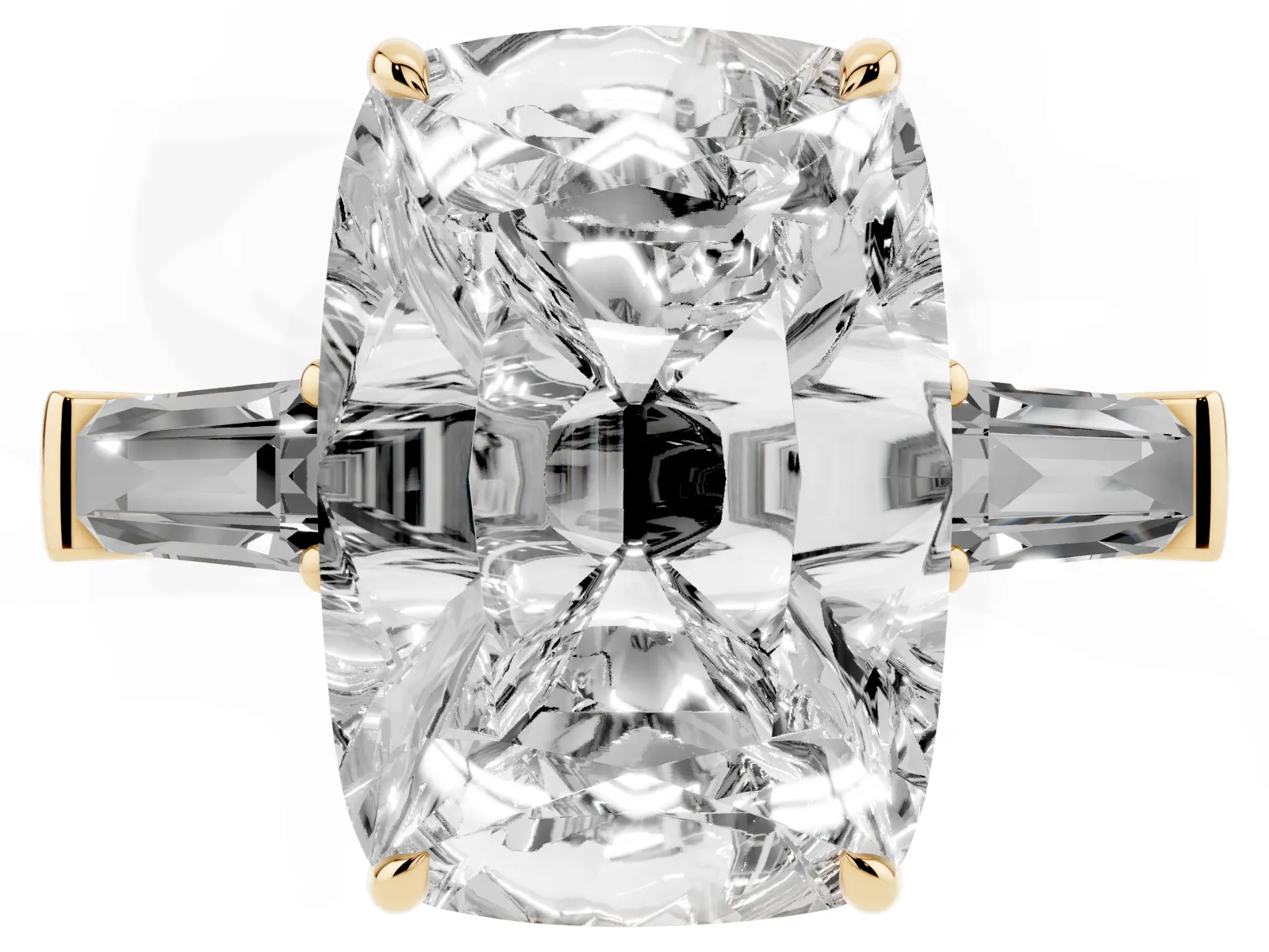 Old Mine Elongated Cushion Diamond with Side Tapered Baguette Three Stone Ring Yellow gold