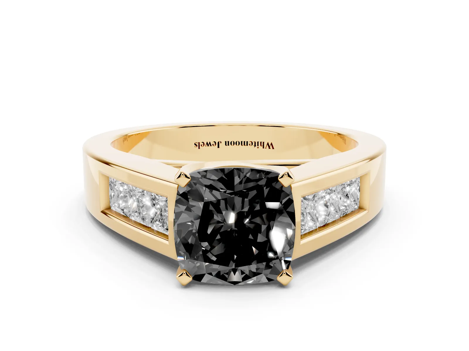 Fancy Black Cushion Cut Cut Channel Set Solitaire Ring with Four-Prong Setting Yellow gold