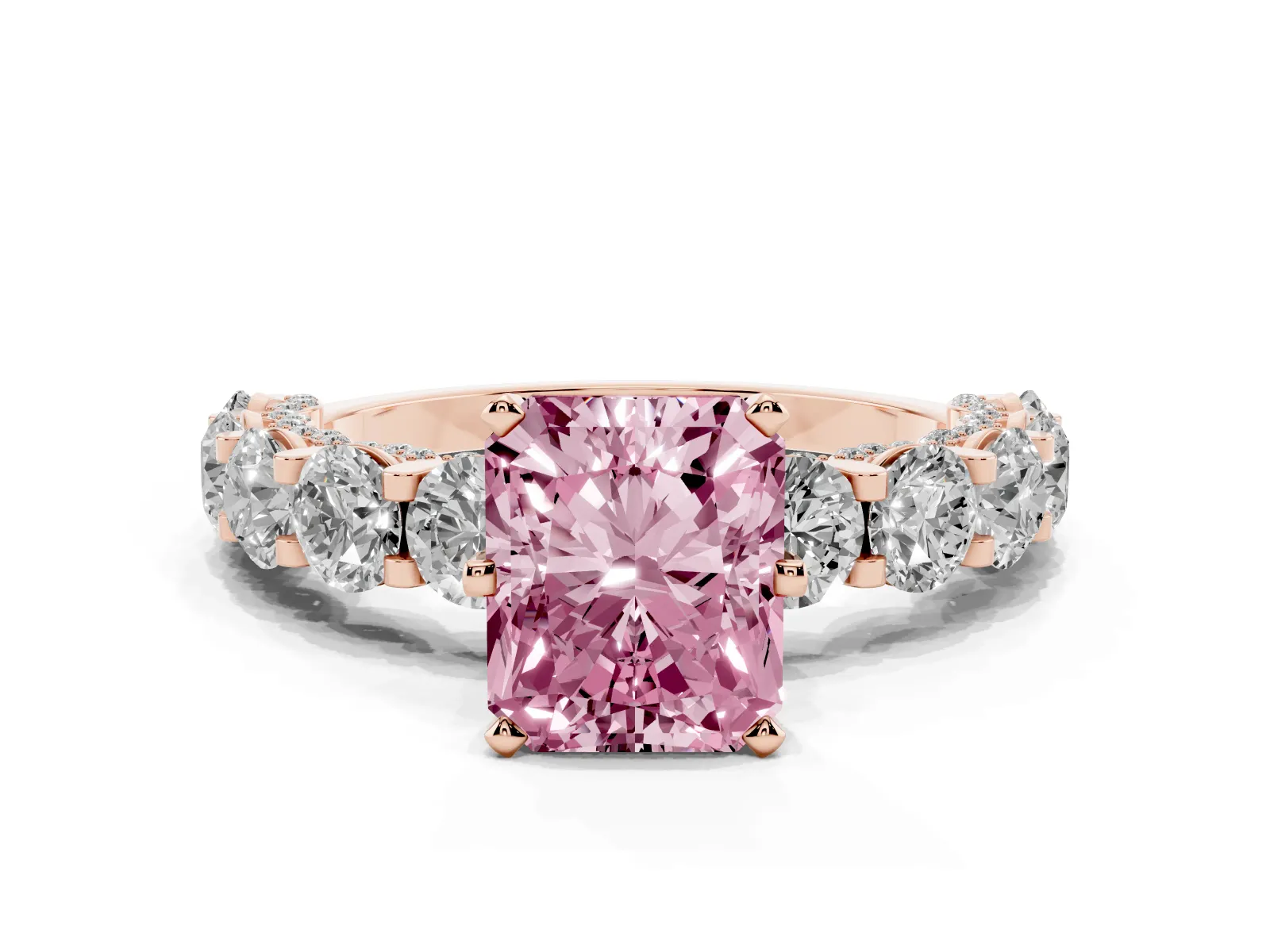 Fancy Pink Radiant Cut Diamond Side Stone Engagement Ring with Four-Prong Setting Rose gold