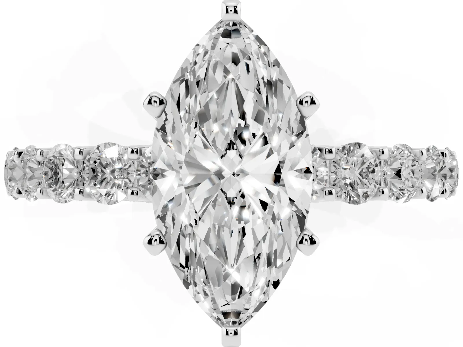 Marquise Cut Diamond Solitaire Ring with Shared Prong Pavé Band and Four-Prong Setting White gold