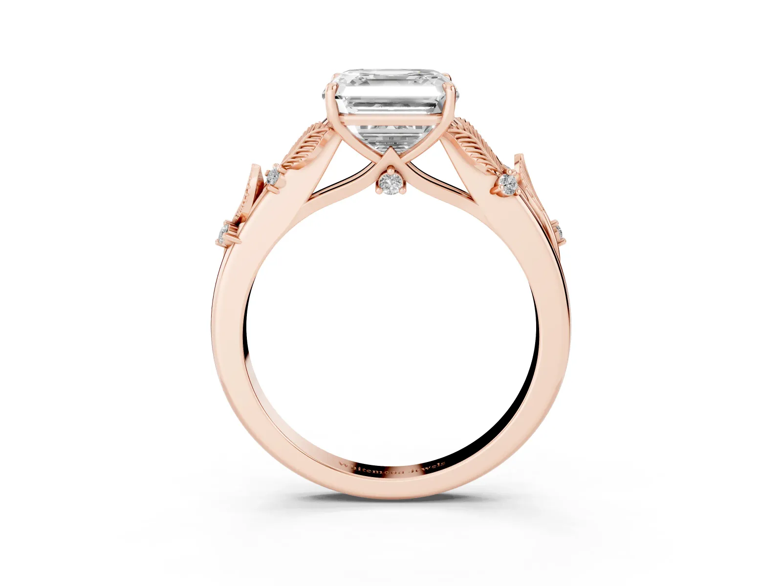 Asscher Cut Diamond Solitaire Ring with Leaf Motif Band and Four-Prong Setting Rose gold