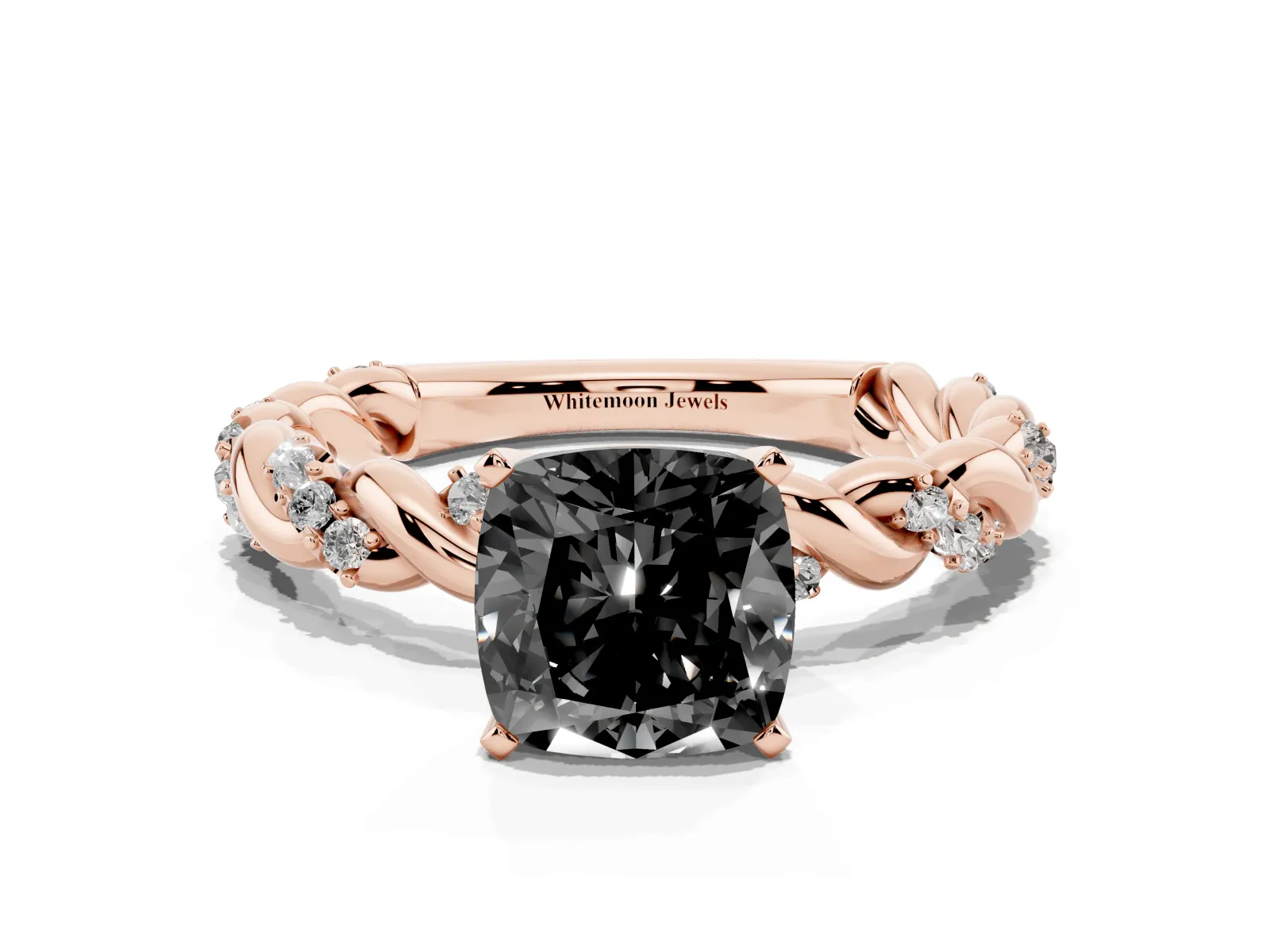 Fancy Black Cushion Cut Diamond Solitaire Ring with Twisted Band and Pavé Accents Rose gold