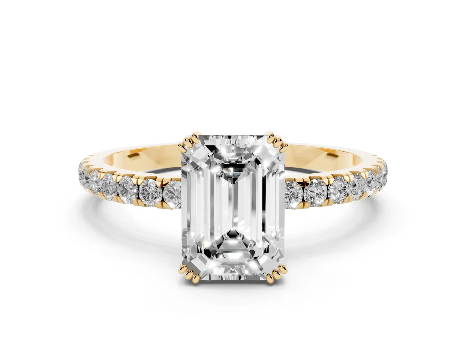 Emerald Cut Brilliant Solitaire with Pavé Band and Claw Prong Setting Yellow gold