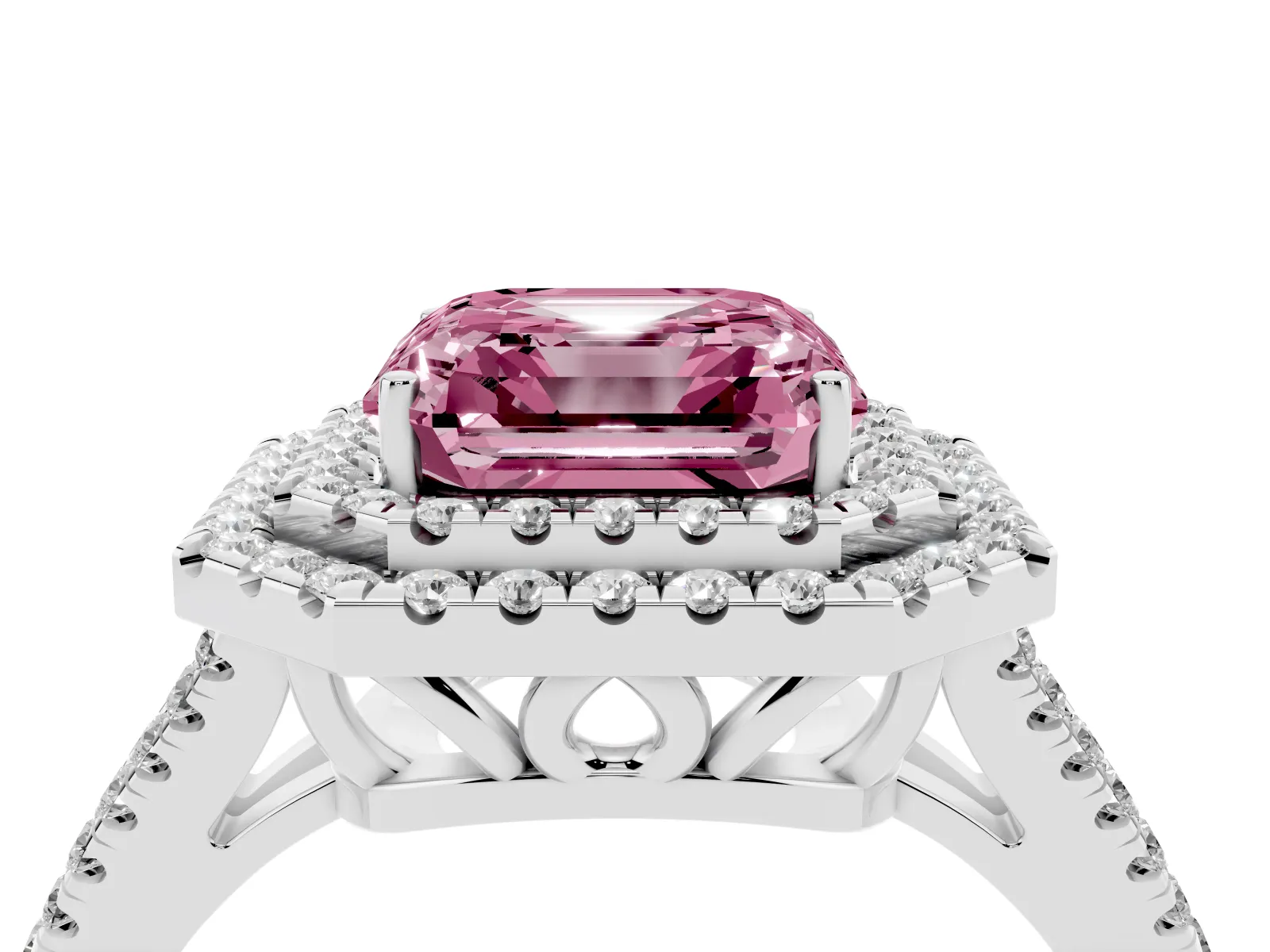 Fancy Pink Asscher Cut Diamond Double Halo Ring with Pavé Band and Prong Setting Platinum