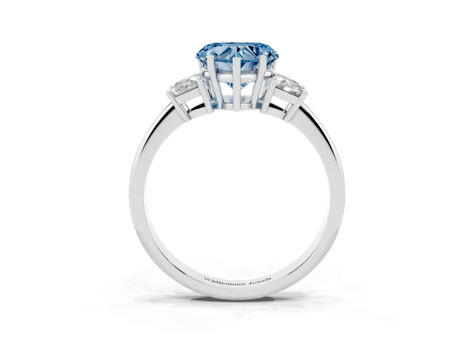 Fancy Blue Heart Cut Diamond Three-Stone Ring with Trapezoid Side Stones and Prong Setting White gold