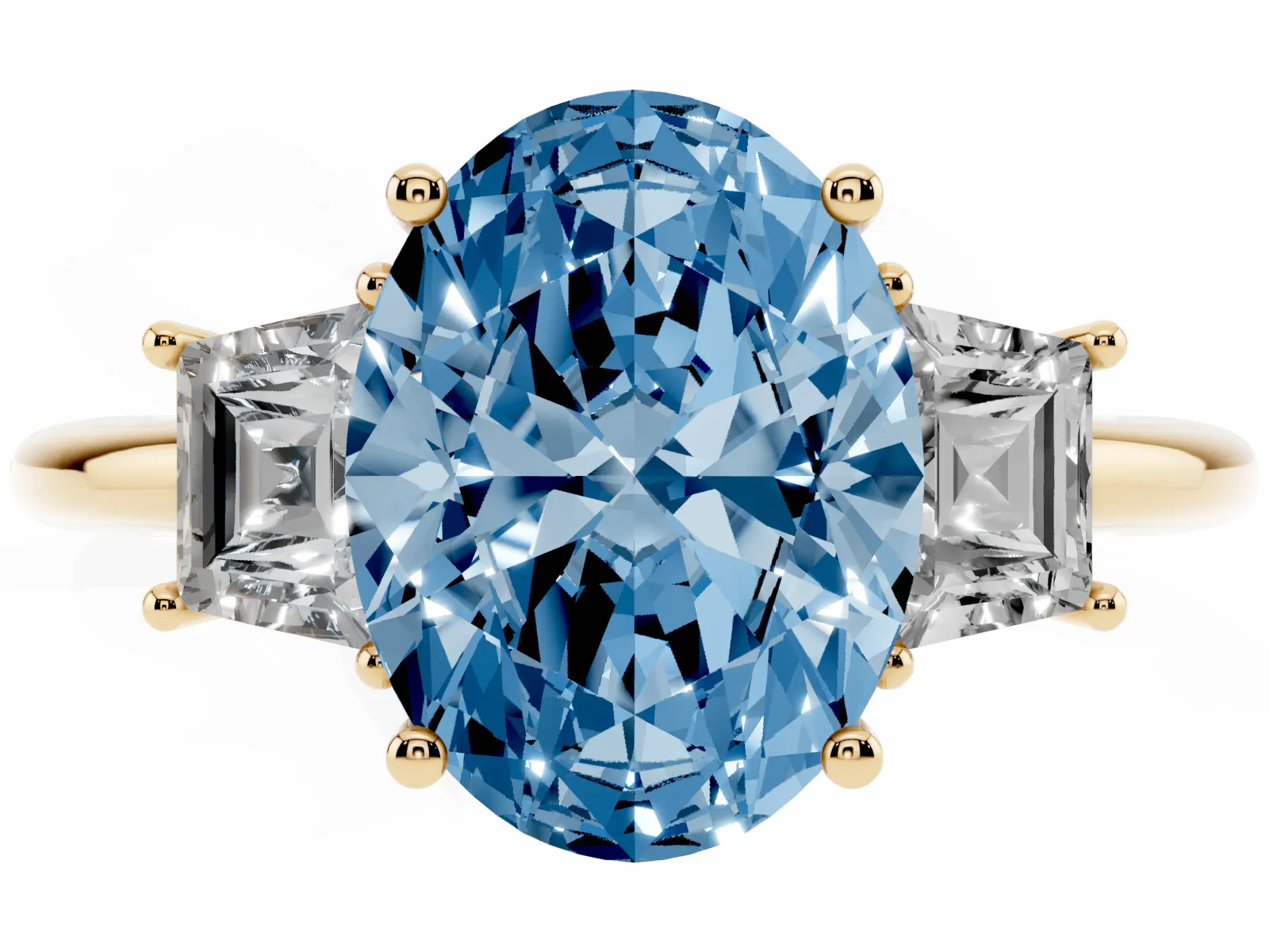 Fancy Blue Oval Cut Diamond Three-Stone Ring with Trapezoid Side Stones and Prong Setting Yellow gold