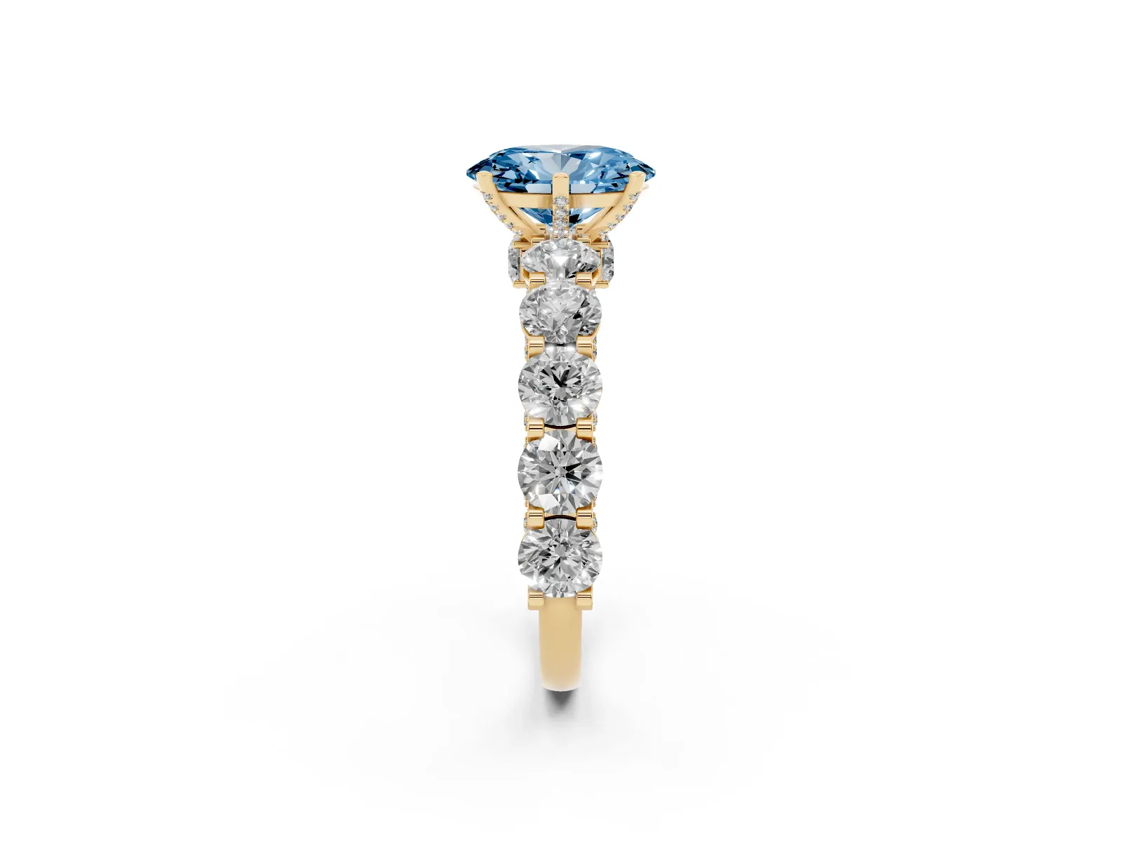 Fancy Blue Oval Cut Diamond Side Stone Engagement Ring with Four-Prong Setting Yellow gold