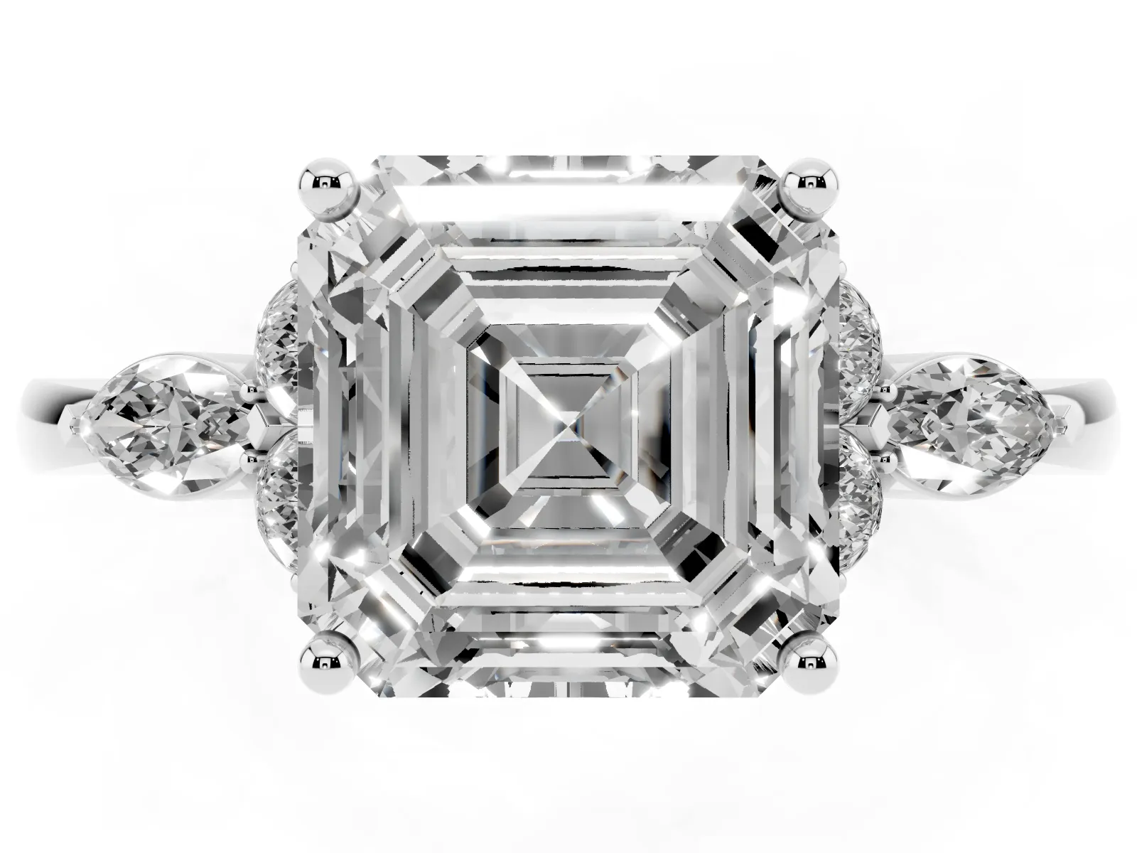 Asscher Cut Brilliant Diamond Solitaire Ring with Pear Side Stones and Four-Prong Setting Platinum