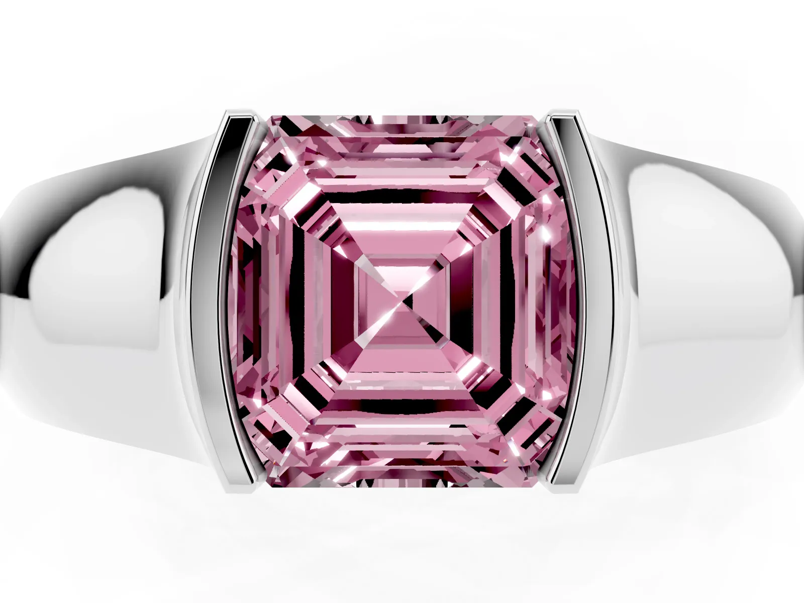 Fancy Pink Asscher Cut Solitaire Bezel Set Diamond Ring with Wide Band Platinum