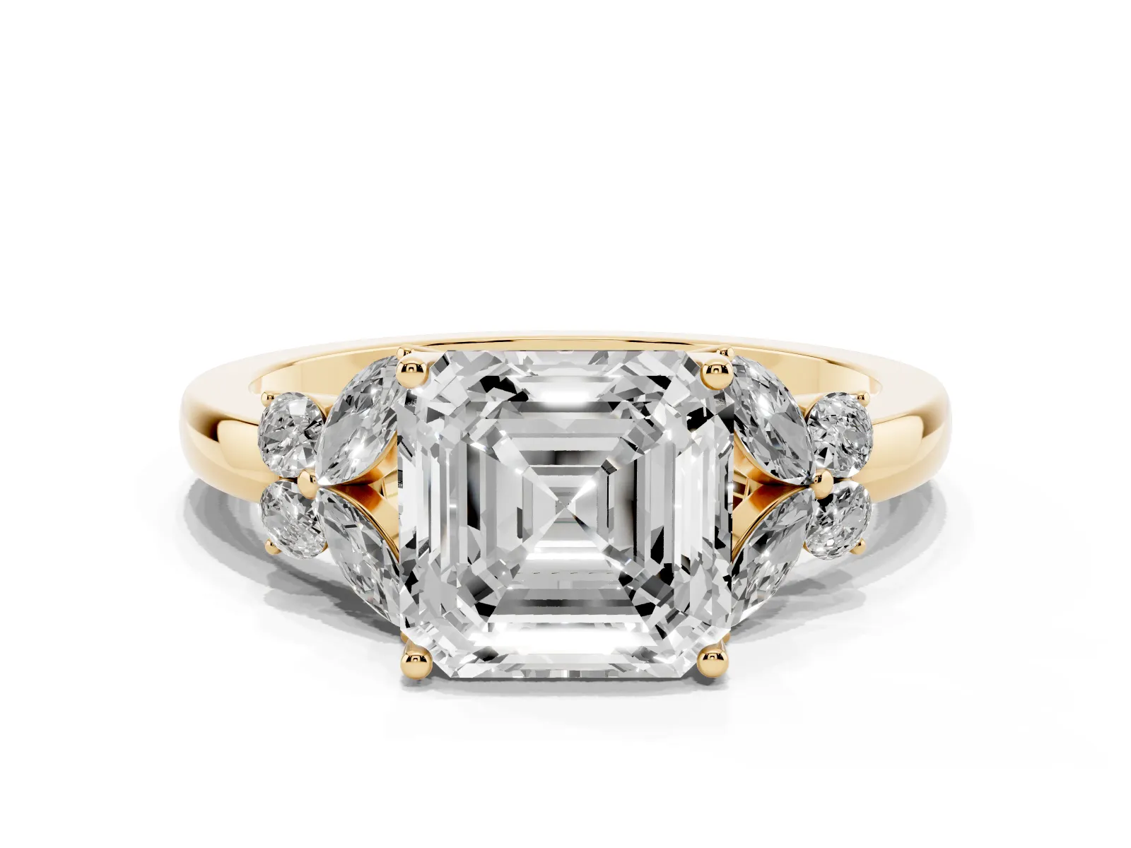 Asscher Cut Cut Solitaire Floral Diamond Ring with Four-Prong Setting Yellow gold