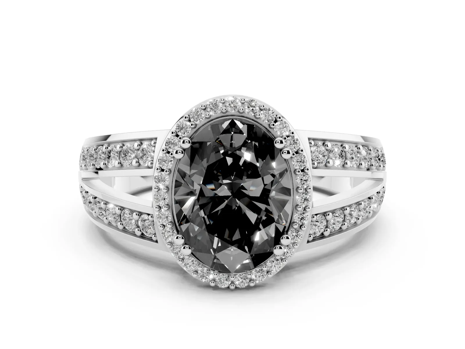 Fancy Black Oval Cut Diamond Halo Ring with Split Shank Pavé Band and Four-Prong Setting White gold