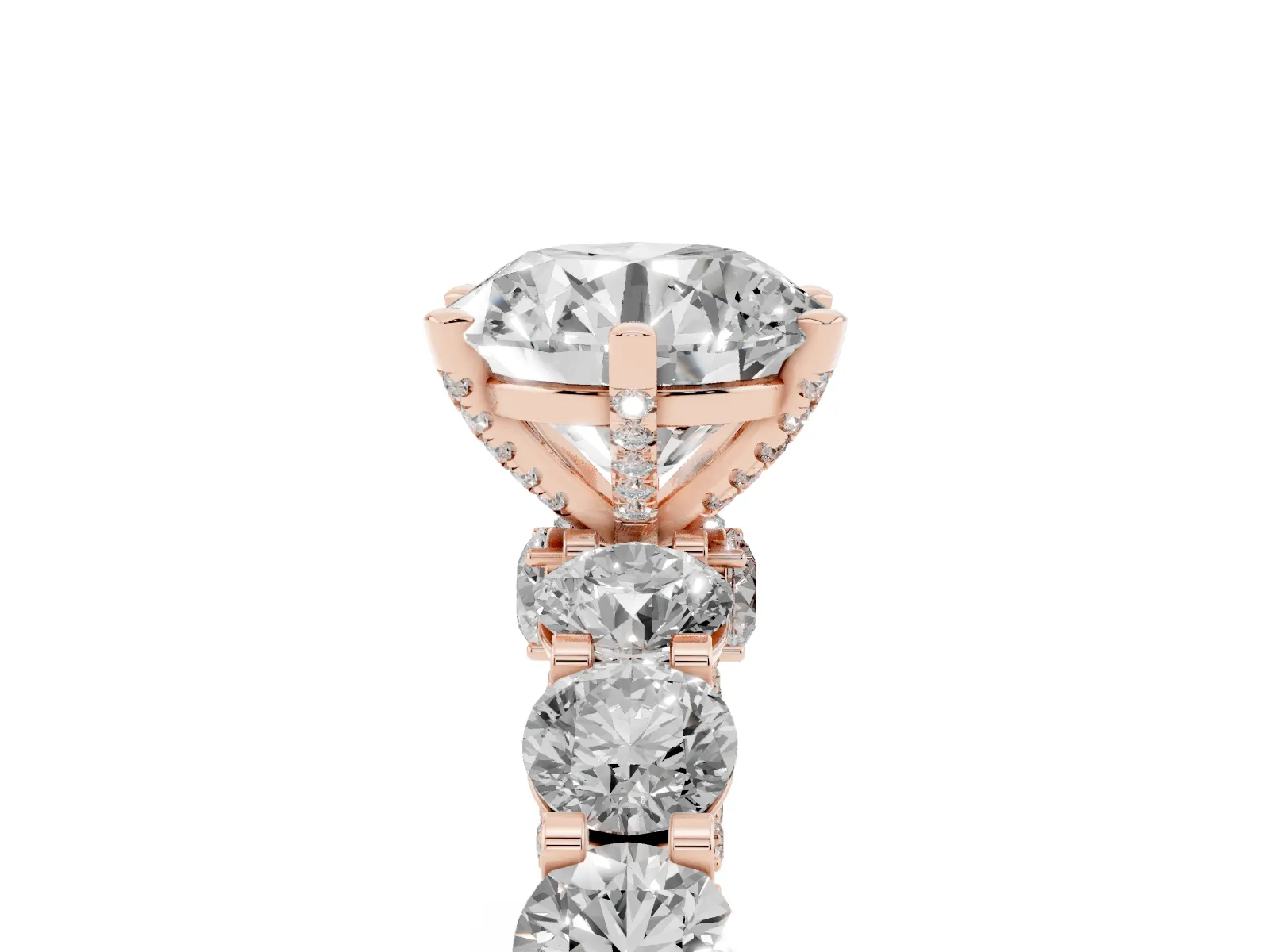 Round Cut Diamond Side Stone Engagement Ring with Four-Prong Setting Rose gold