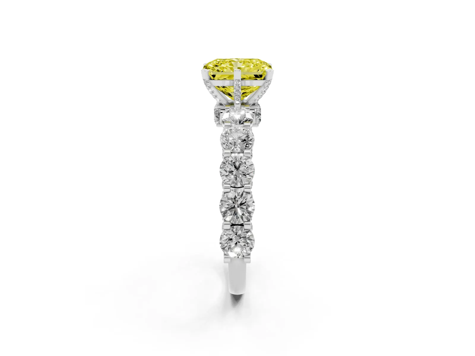 Fancy Yellow Radiant Cut Diamond Side Stone Engagement Ring with Four-Prong Setting Platinum