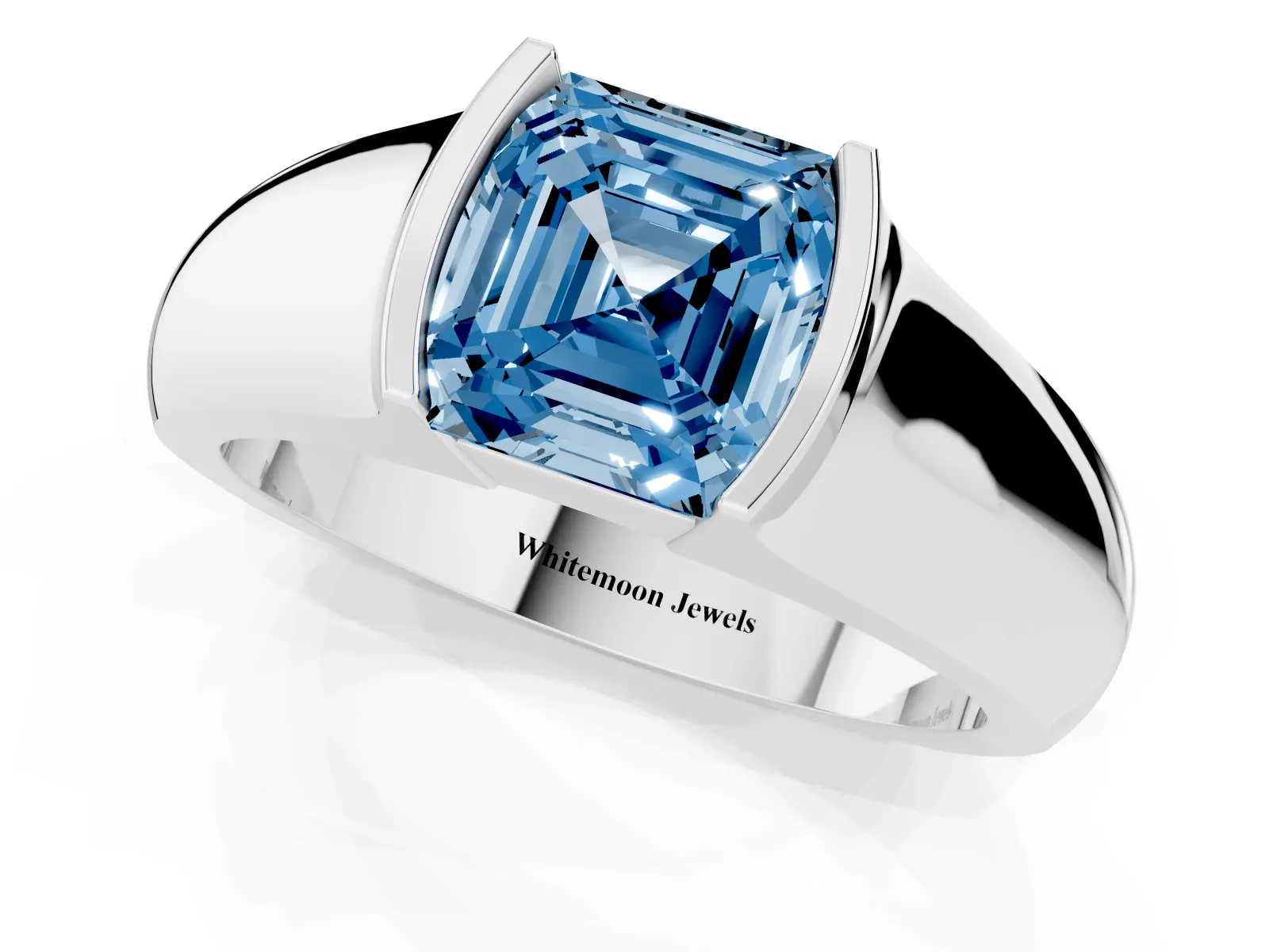 Fancy Blue Asscher Cut Solitaire Bezel Set Diamond Ring with Wide Band Platinum