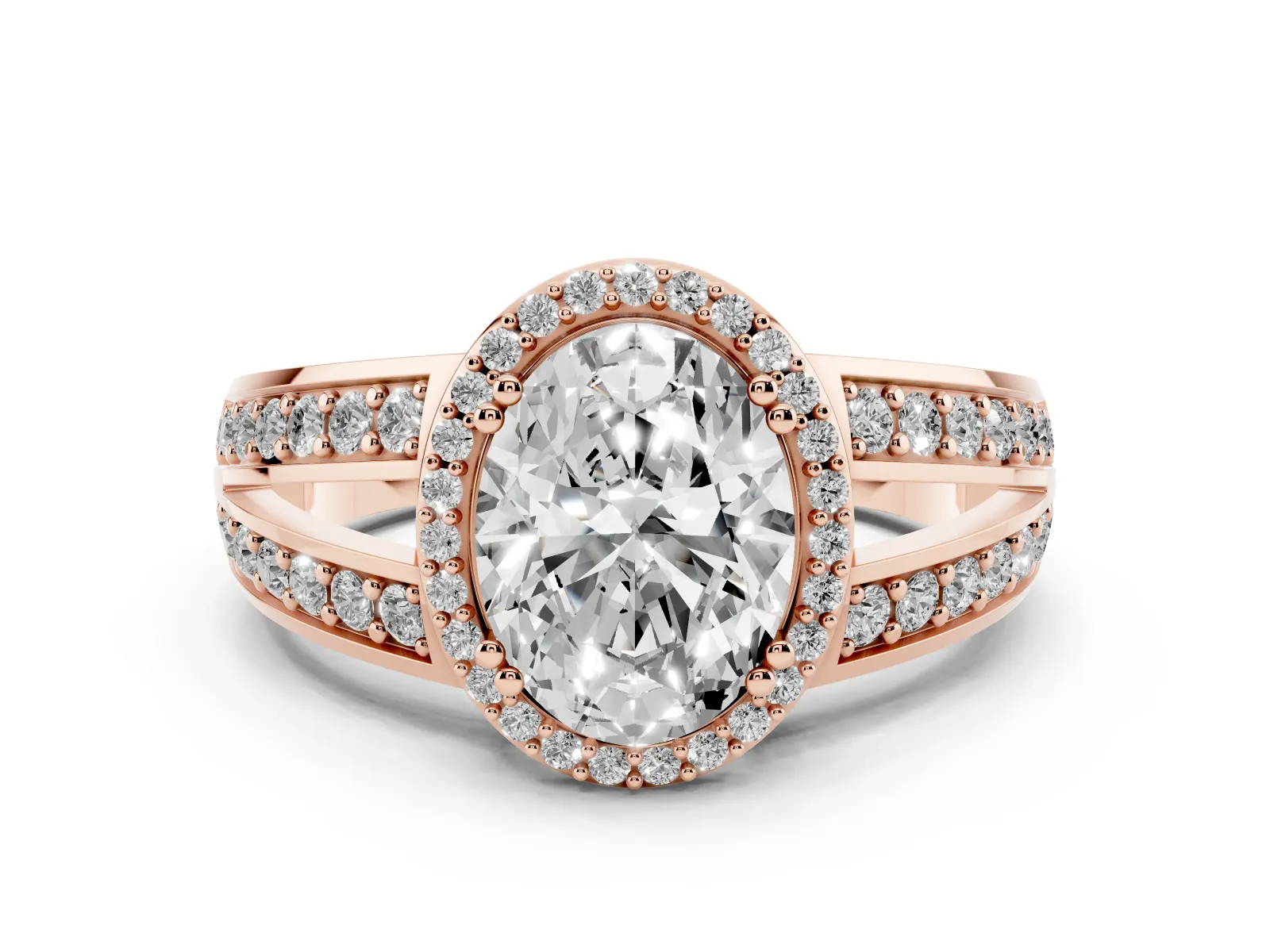 Oval Cut Diamond Halo Ring with Split Shank Pavé Band and Four-Prong Setting Rose gold