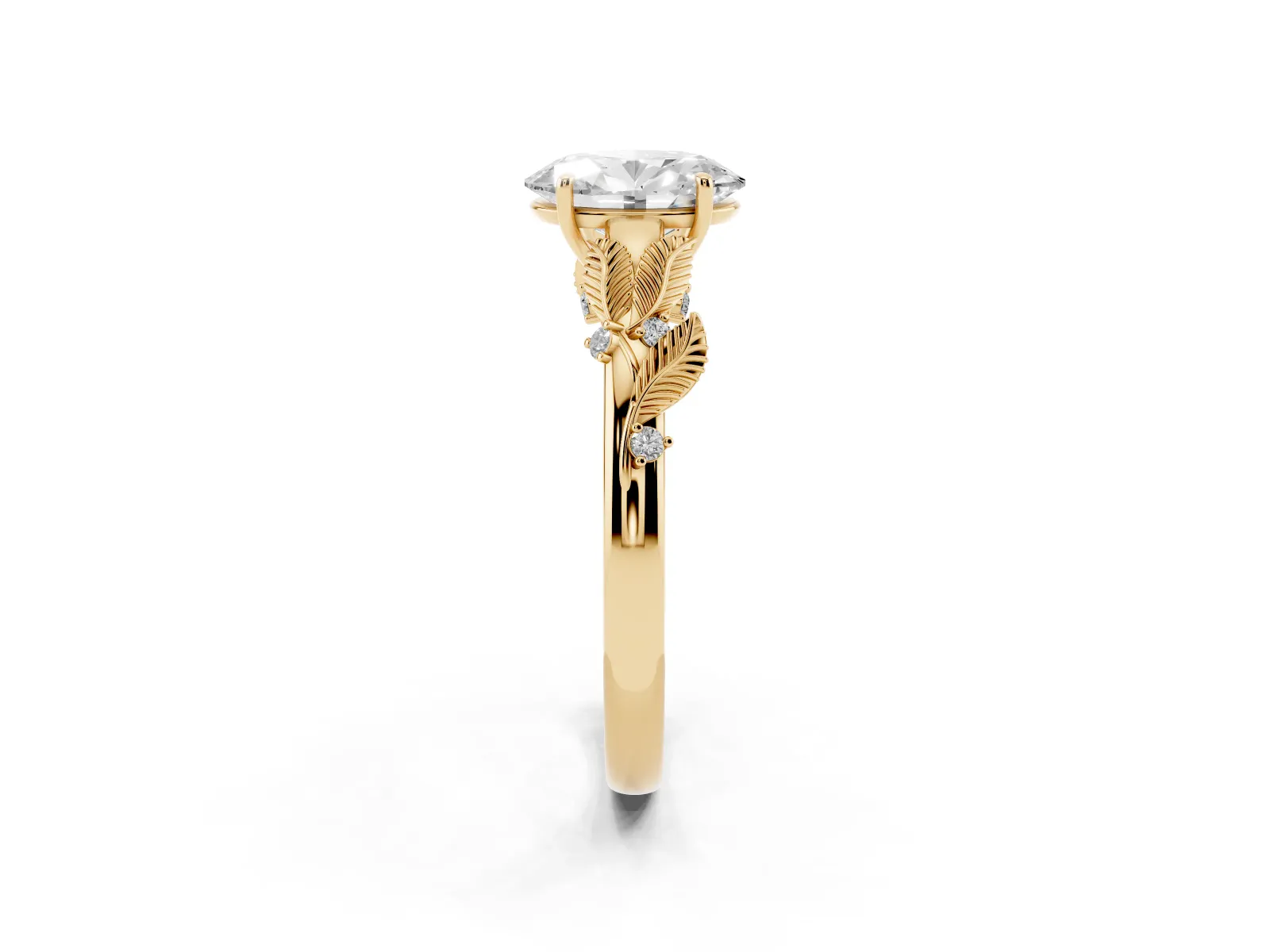 Oval Cut Diamond Solitaire Ring with Leaf Motif Band and Four-Prong Setting Yellow gold