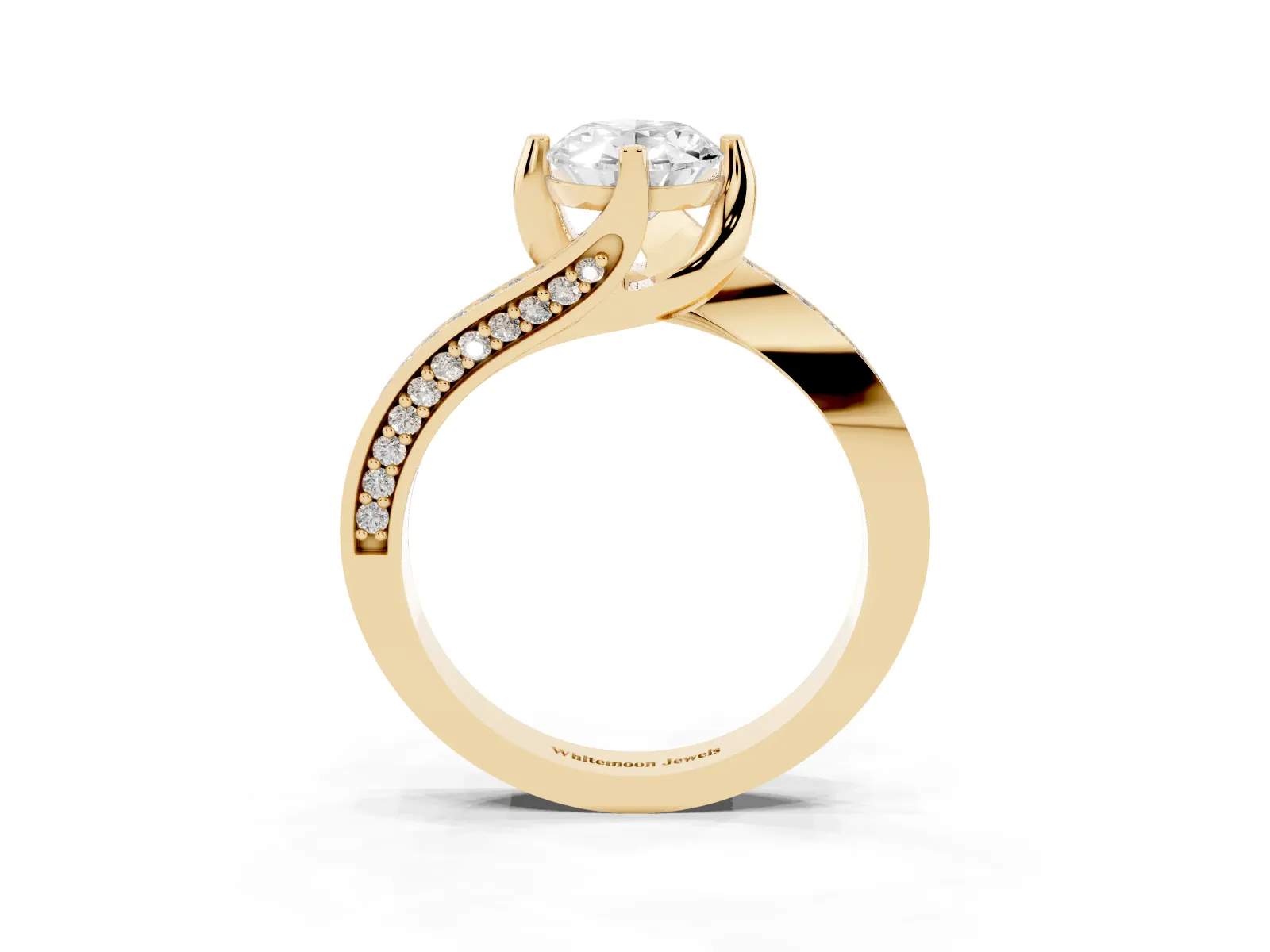 Oval Cut Solitaire Diamond Twist Band with Pavé Setting and Four-Prong Setting Yellow gold