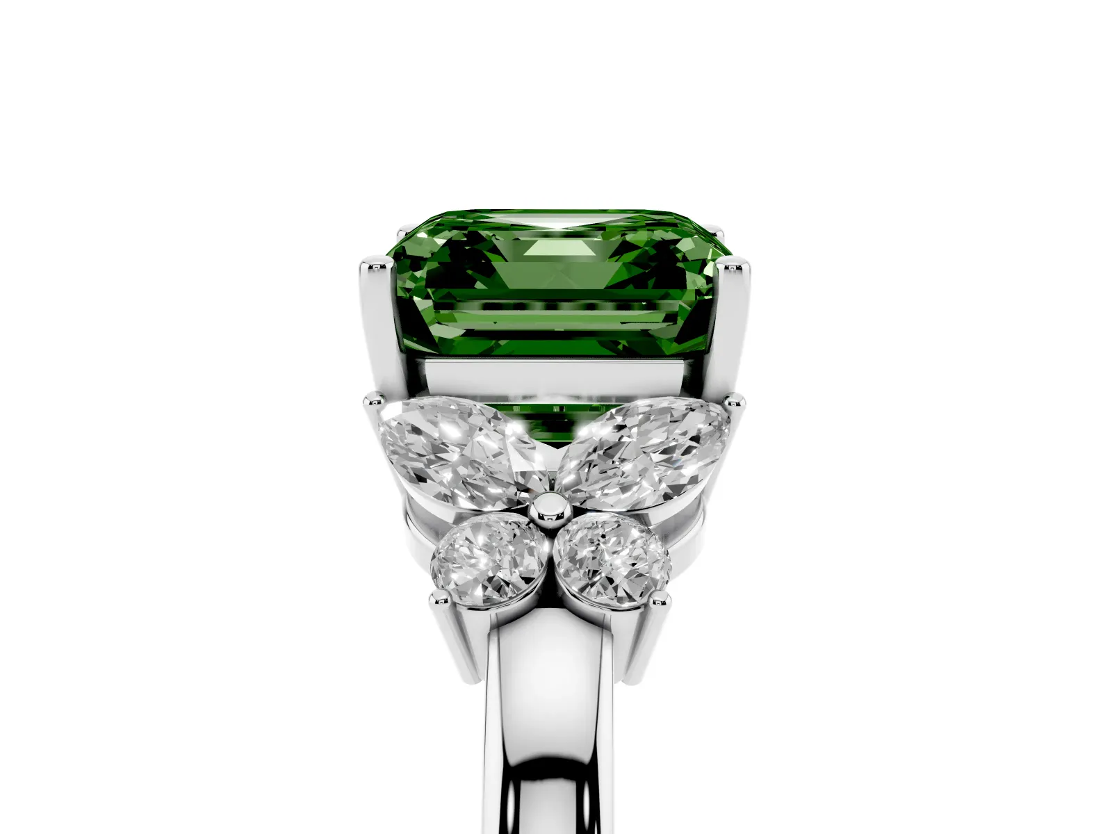 Fancy Green Asscher Cut Cut Solitaire Floral Diamond Ring with Four-Prong Setting Platinum