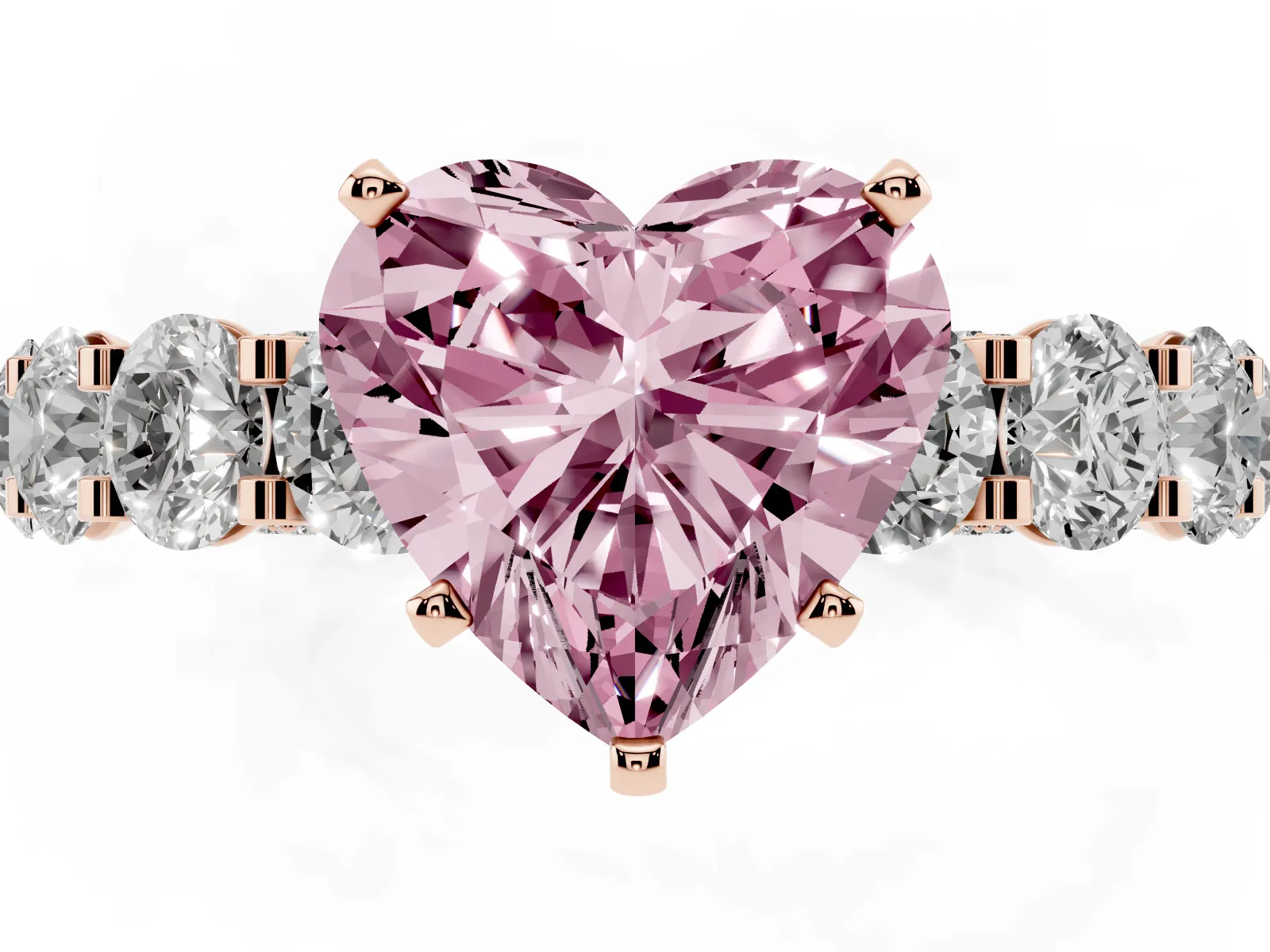 Fancy Pink Heart Cut Diamond Side Stone Engagement Ring with Four-Prong Setting Rose gold