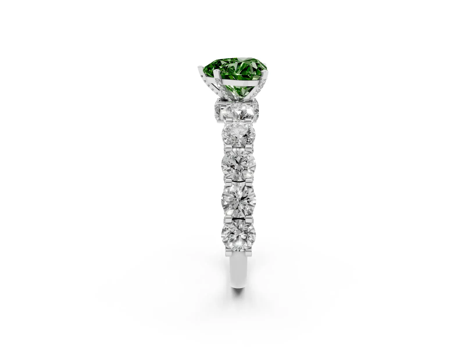 Fancy Green Heart Cut Diamond Side Stone Engagement Ring with Four-Prong Setting Platinum