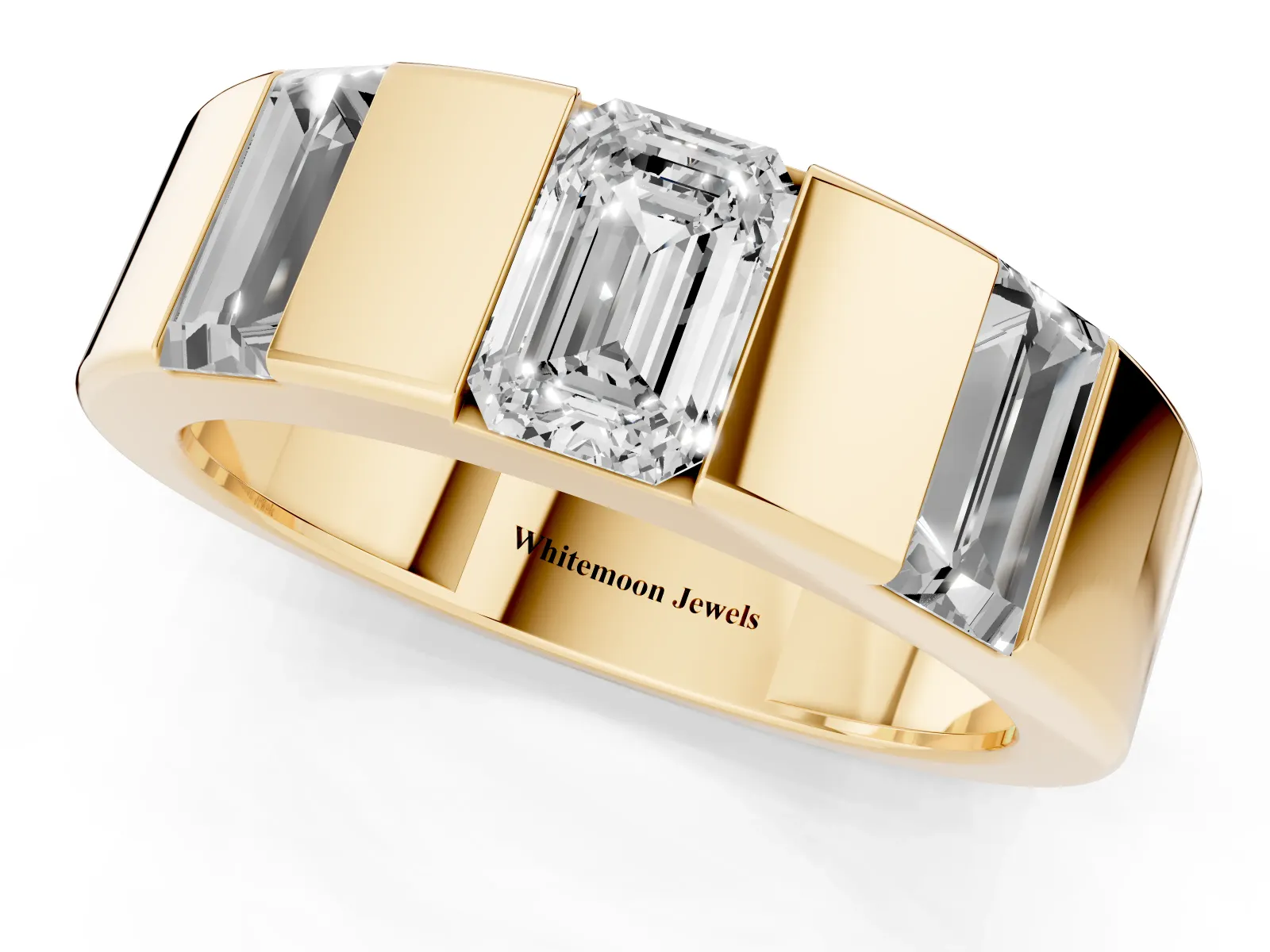 Emerald Cut Diamond Three-Stone Mens Ring with Baguette Side Stones Yellow gold