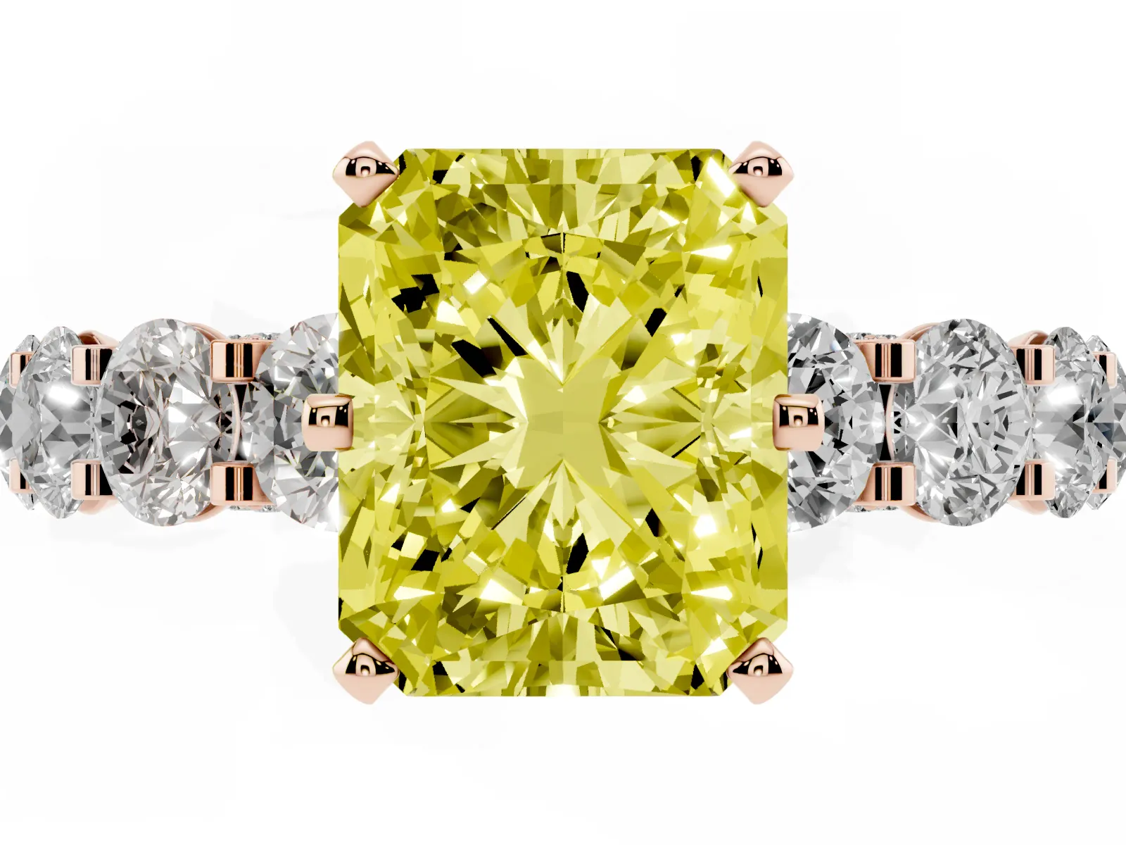 Fancy Yellow Radiant Cut Diamond Side Stone Engagement Ring with Four-Prong Setting Rose gold