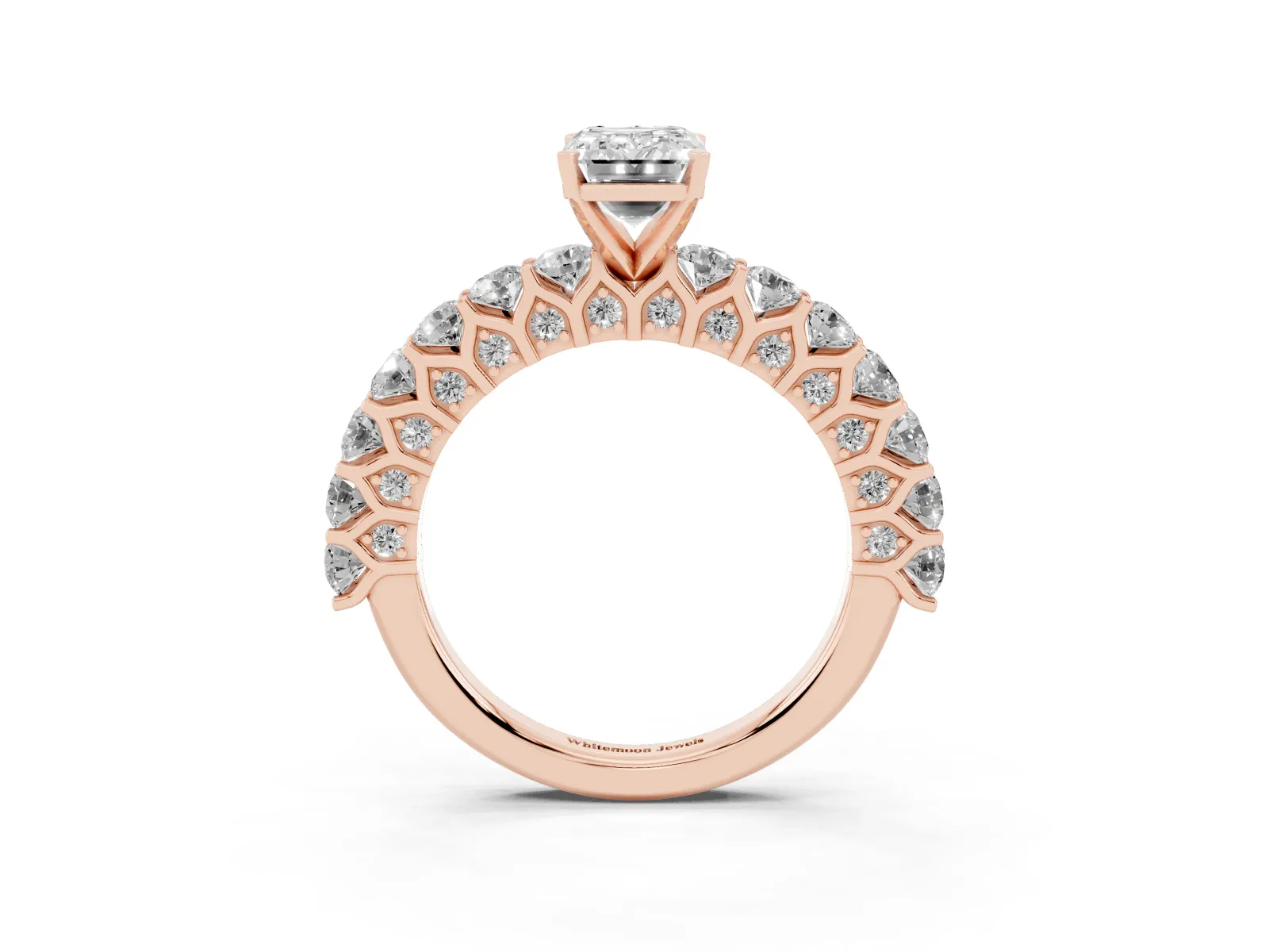 Emerald Cut Diamond Solitaire Ring with Shared Prong Pavé Band and Four-Prong Setting Rose gold