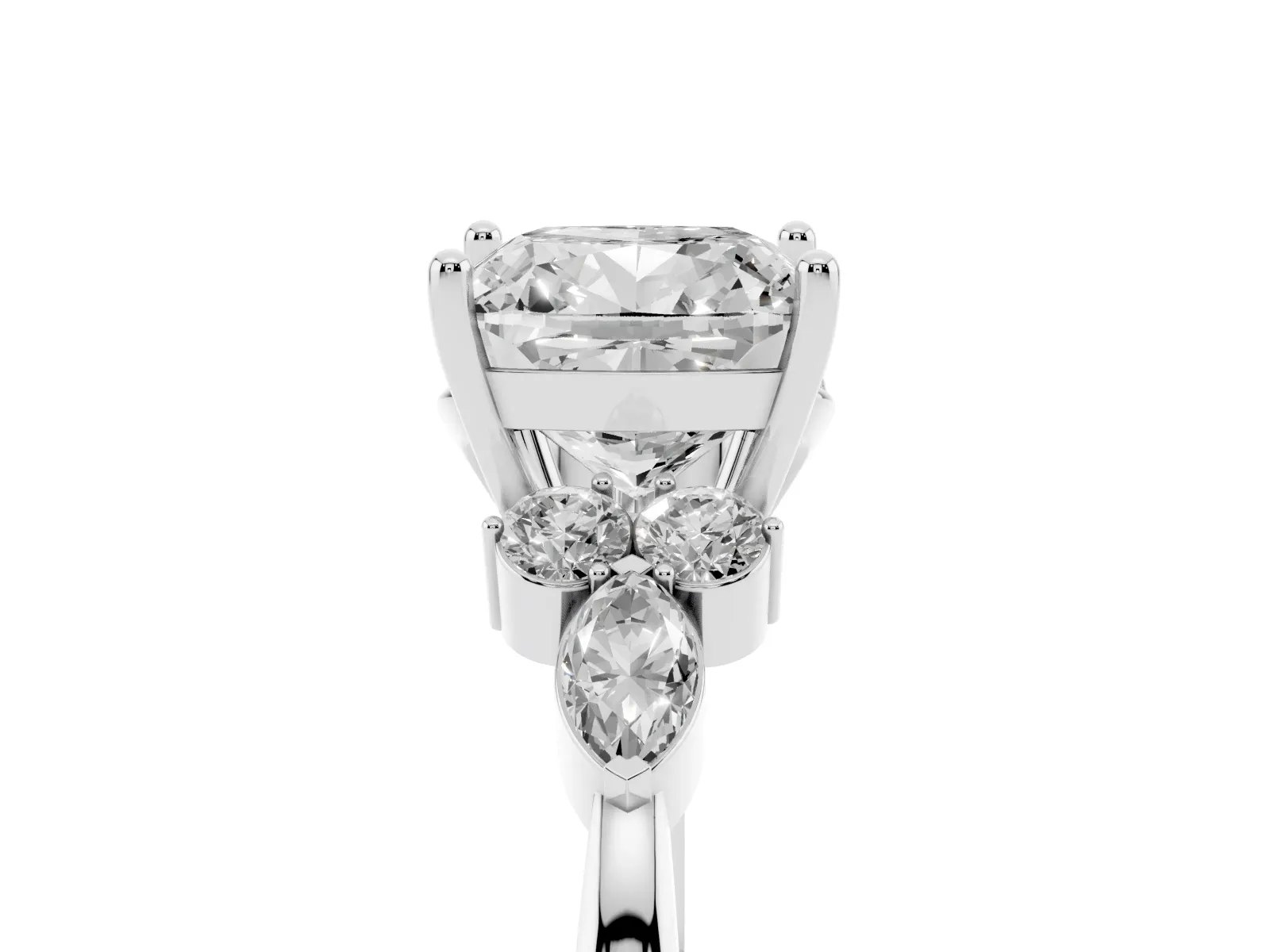 Cushion Cut Brilliant Diamond Solitaire Ring with Pear Side Stones and Four-Prong Setting Platinum