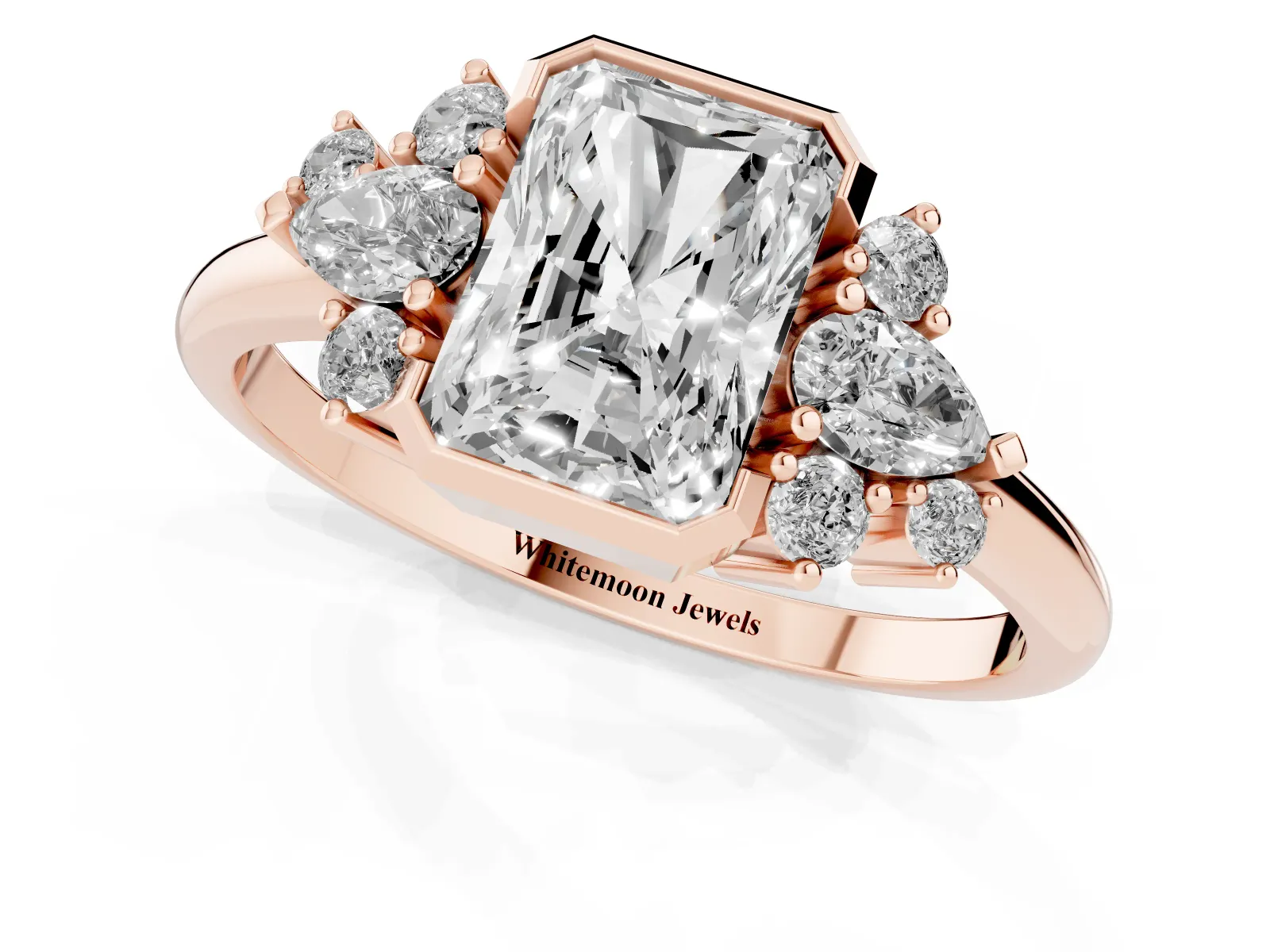 Radiant Diamond Engagement Ring with Pear and Round Side Stones Rose gold