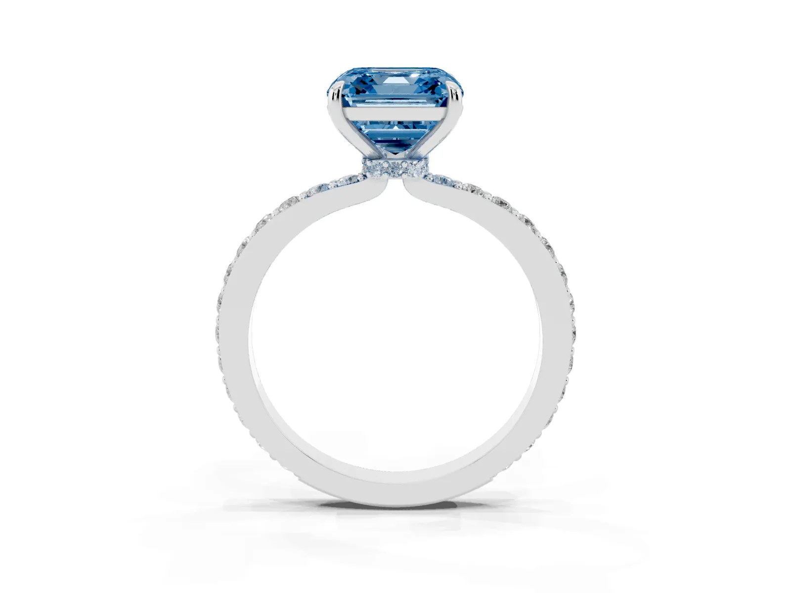 Fancy Blue Asscher Cut Diamond Solitaire Engagement Ring with Pavé Band and Four-Prong Setting White gold