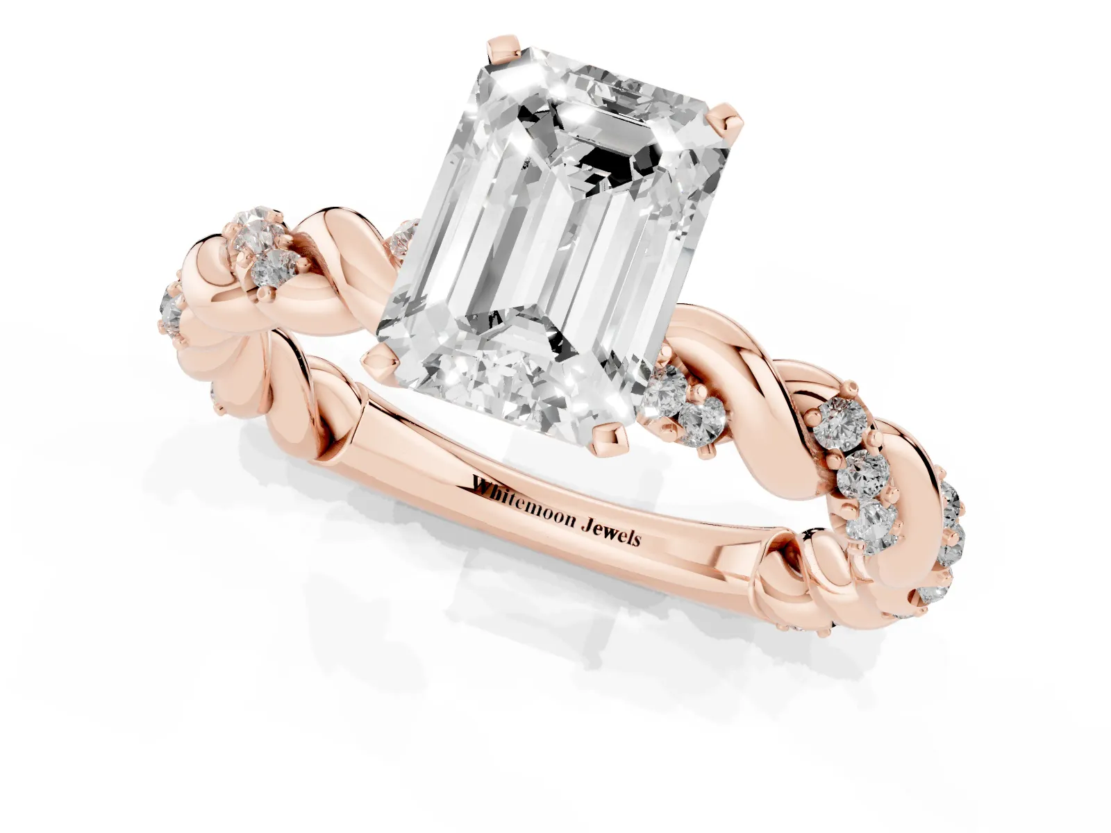 Emerald Cut Diamond Solitaire Ring with Twisted Band and Pavé Accents Rose gold