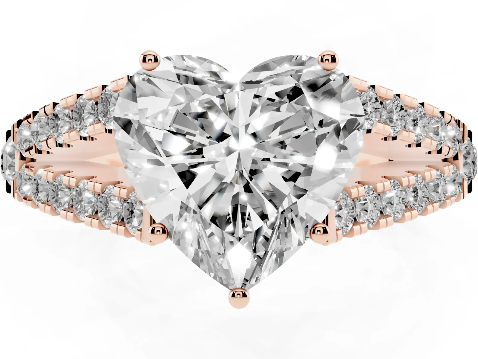 Heart Cut Diamond Split Shank Engagement Ring with Round Pavé and Prong Setting Rose gold