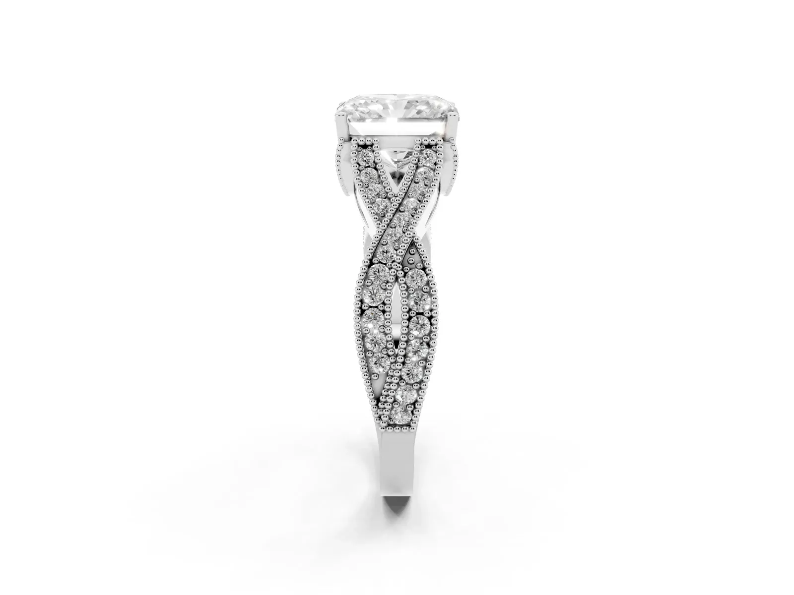 Radiant Cut Cut Diamond Twisted Band with Milgrain Pave Setting and Four-Prong Setting Platinum