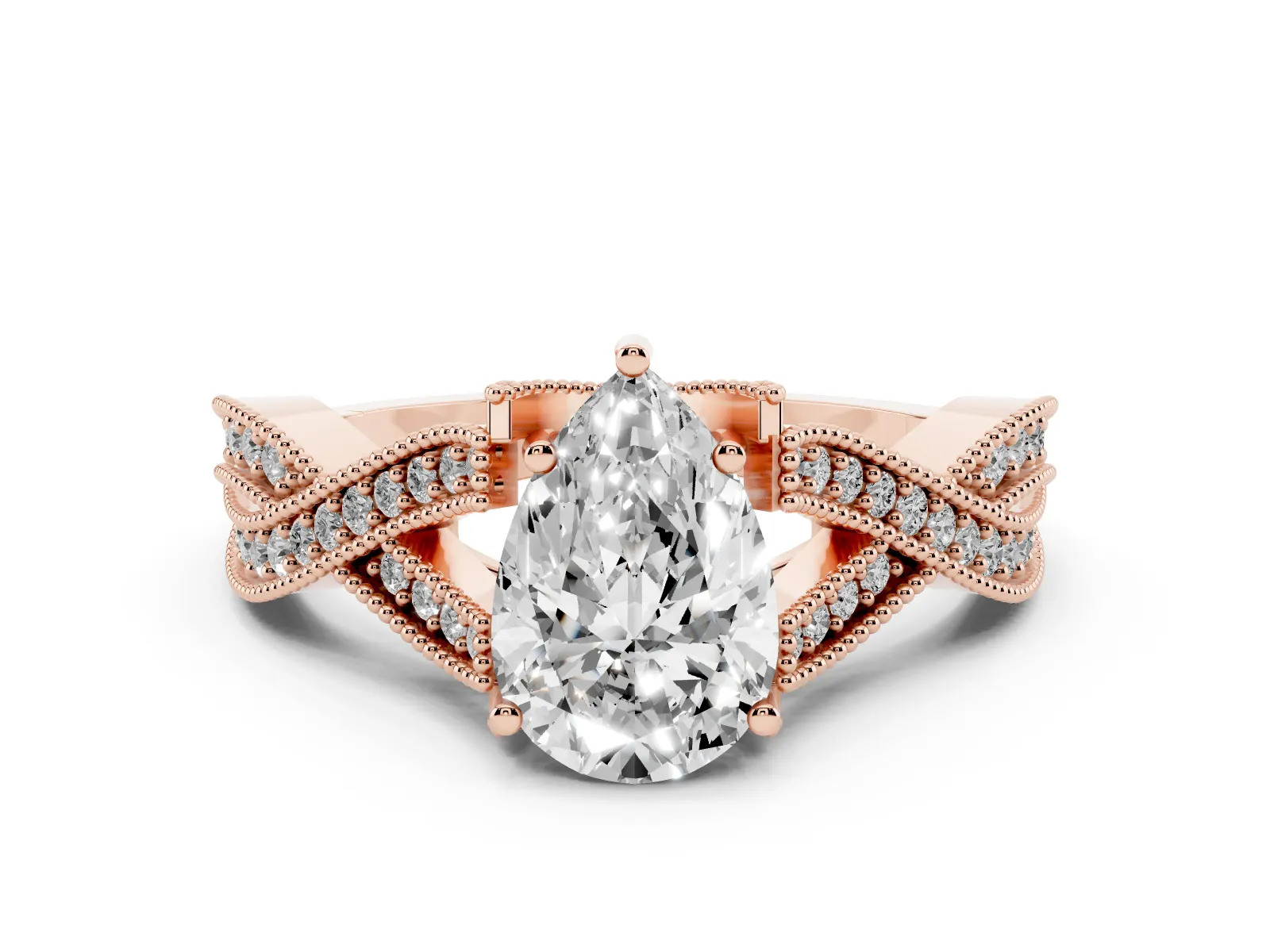 Pear Cut Cut Diamond Twisted Band with Milgrain Pave Setting and Four-Prong Setting Rose gold