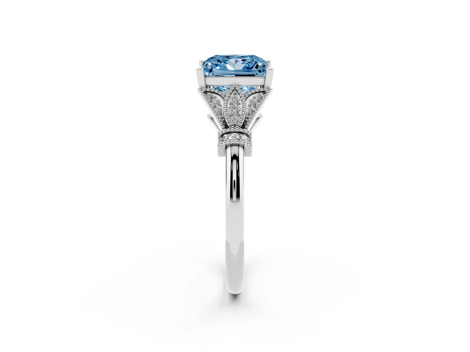 Fancy Blue Princess Cut Diamond Solitaire Ring with Floral Filigree and Pave Accents Platinum