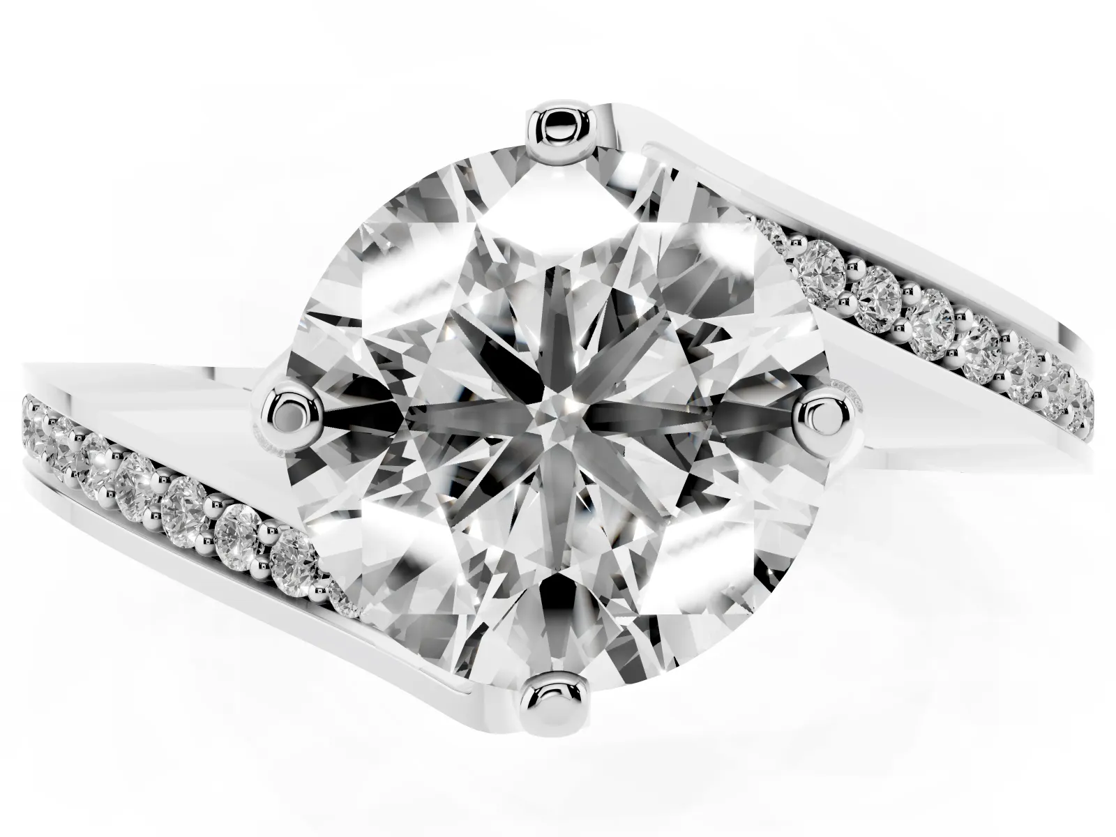 Round Cut Solitaire Diamond Twist Band with Pavé Setting and Four-Prong Setting Platinum