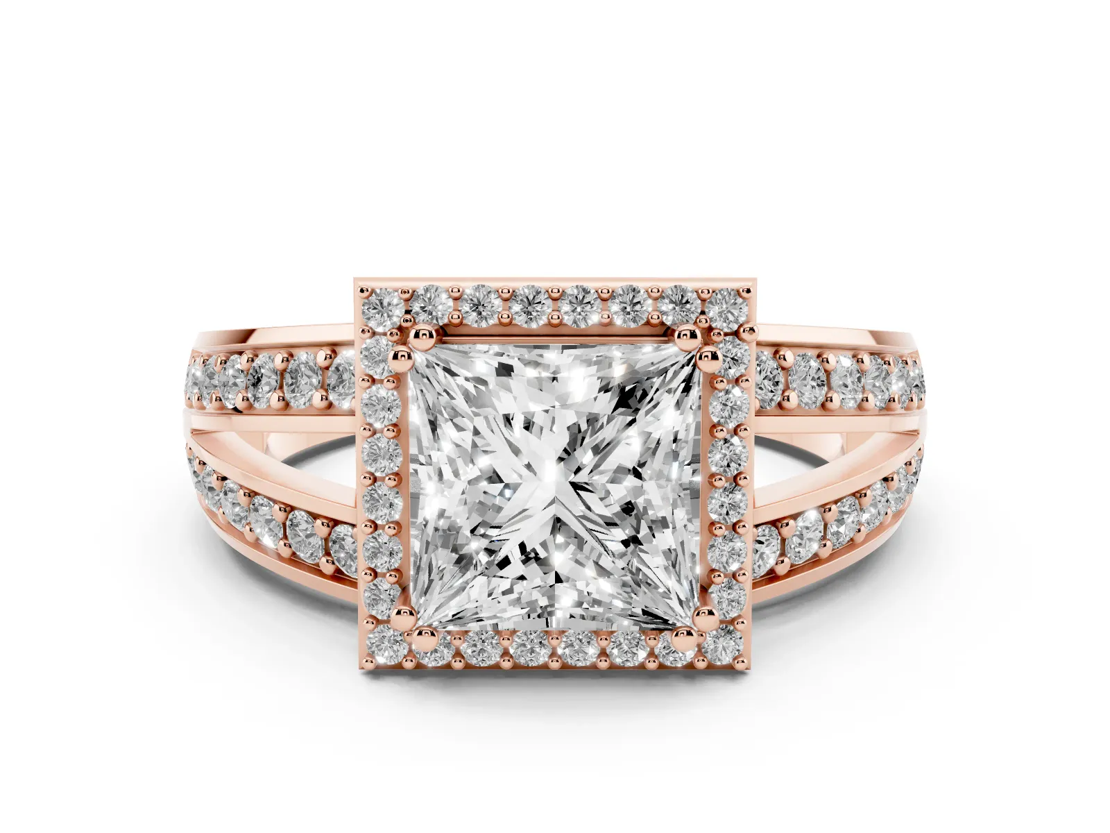 Princess Cut Diamond Halo Ring with Split Shank Pavé Band and Four-Prong Setting Rose gold