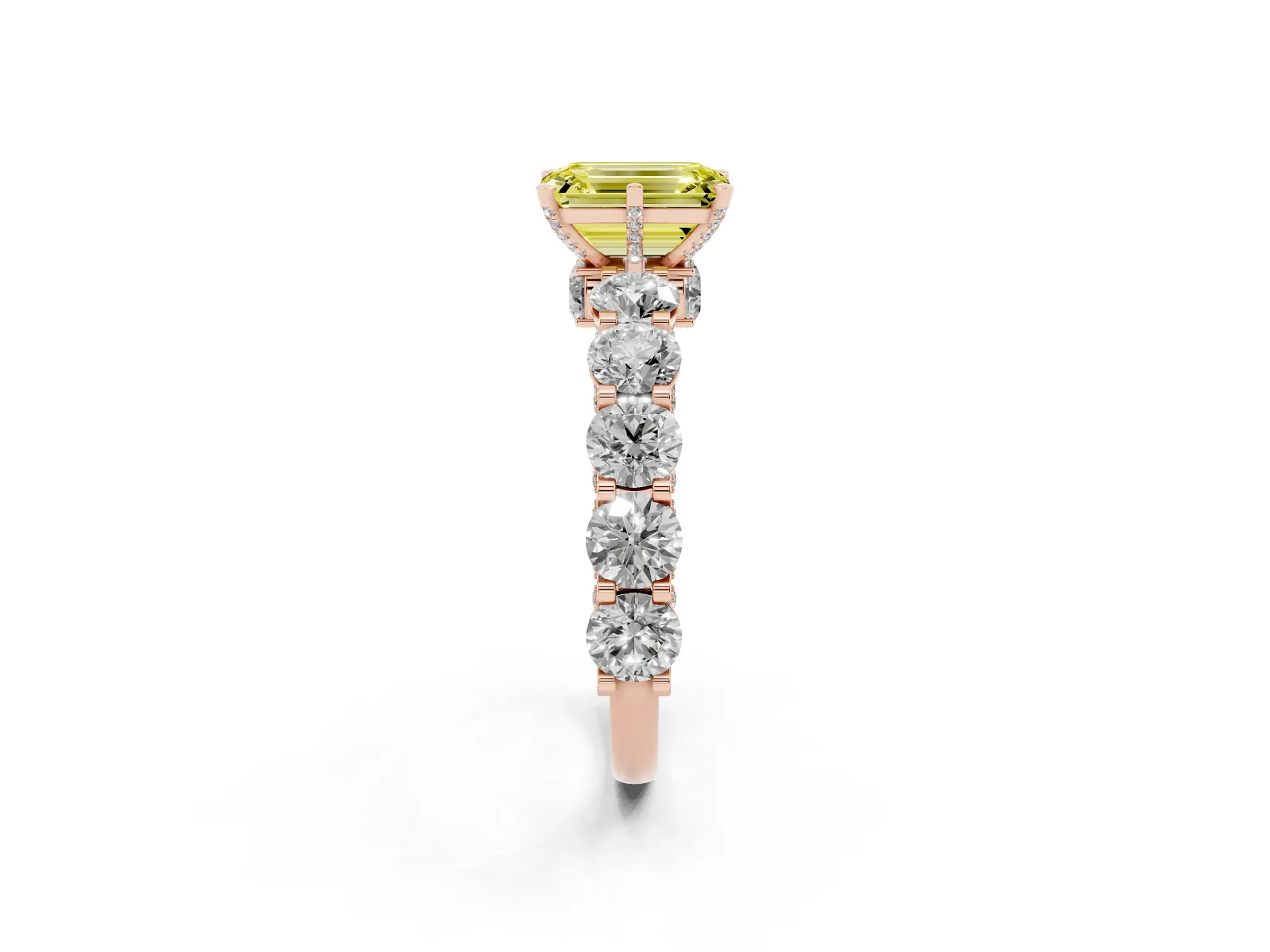 Fancy Yellow Emerald Cut Diamond Side Stone Engagement Ring with Four-Prong Setting Rose gold